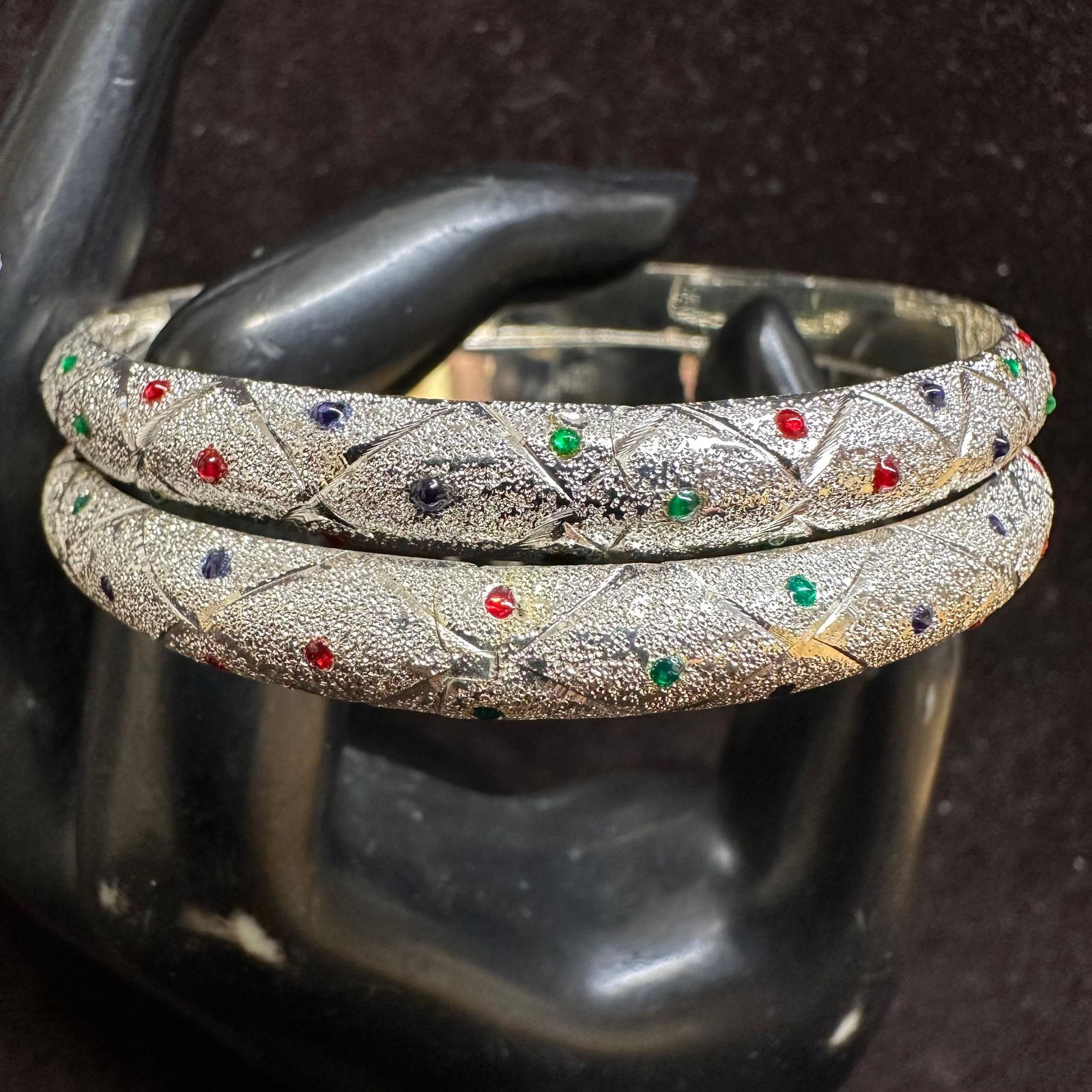 Green Red and Blue Enamel Dotted Textured Sterling Silver Bracelet Set N67 (1 of 12)