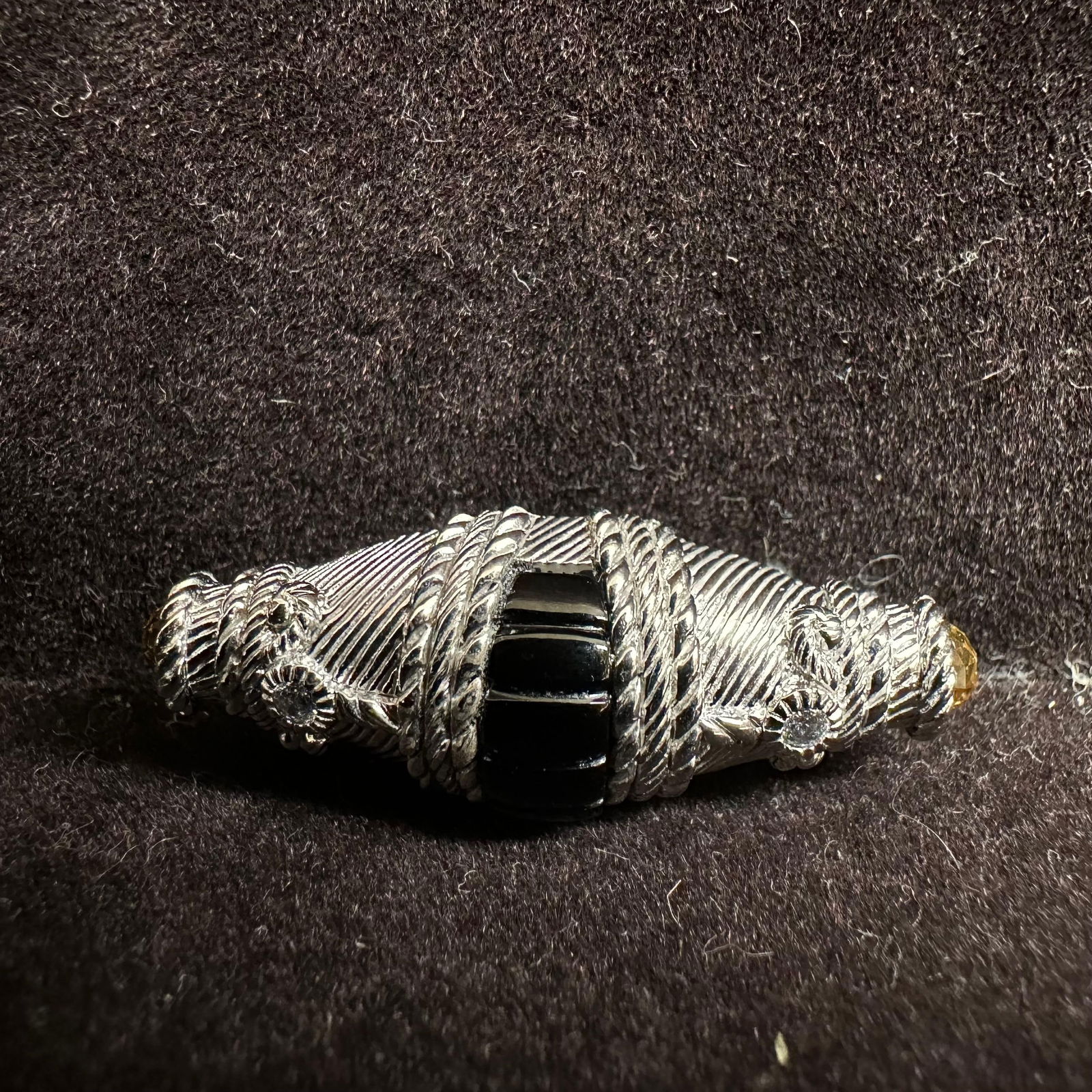 Judith Ripka Black Onyx Citrine CZ Sterling Silver Brooch Pendant: This item is in good pre-owned, previously used/displayed condition with noticeable light wear and surface scratches. Please reference all photos for full details. This piece of jewelry has been teste