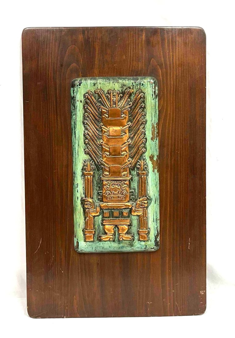 Copper Plaque With A Maya Totem Design Mounted On Dark Wooden Board (1 of 10)