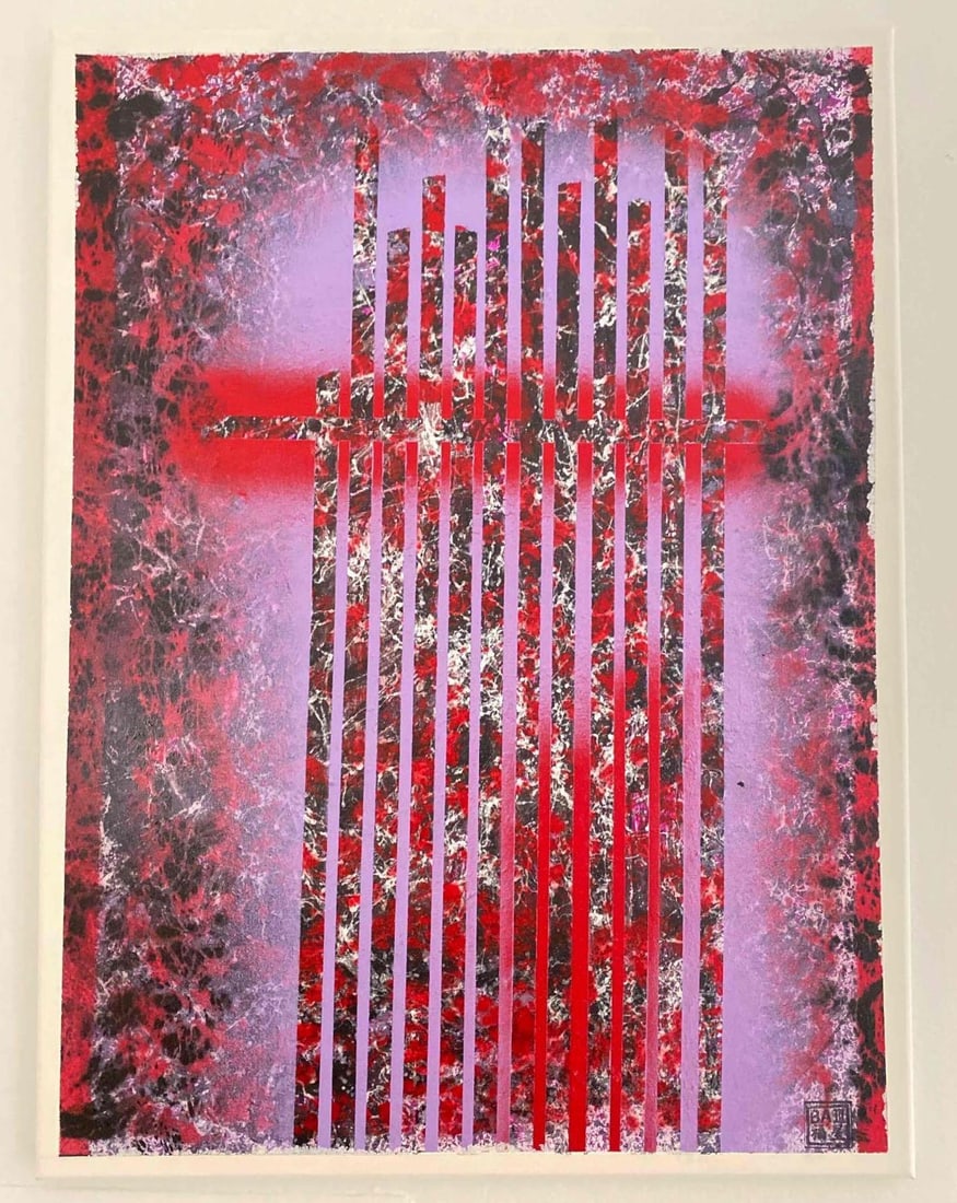 Signed Original Abstract Mixed Media Painting On Canvas "Blood Sky With Tower" By BA3: This lot contains a Signed Original Abstract Mixed Media Painting On Canvas "Blood Sky With Tower" By BA3. The artwork is approx 18" x 24". Overall the painting is in good used condition with no known