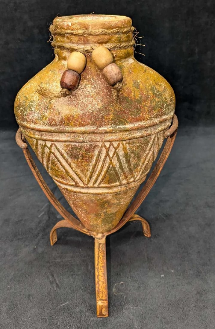 Vintage Mini Amphora Pottery Vase With Metal Stand A (1 of 7)