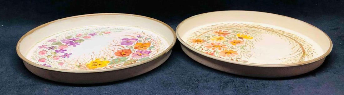 Two Hand Painted Flower Tin Dishes Signed SN - 2