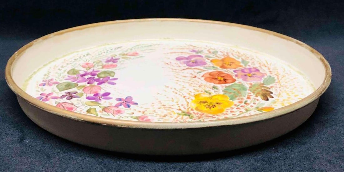 Two Hand Painted Flower Tin Dishes Signed SN - 4