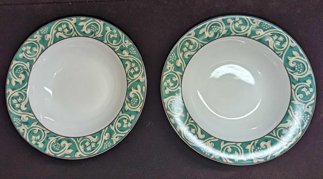 2 Retired Sango Pavilion China Large Rim Soup Bowls B: 2 Retired Sango Pavilion China Large Rim Soup Bowls B. Each is approx 9 1/4" x 9 1/4" x 2" and the total weight is 2.47 lbs. This series was released from the year 1995 to the year 1998. One of the
