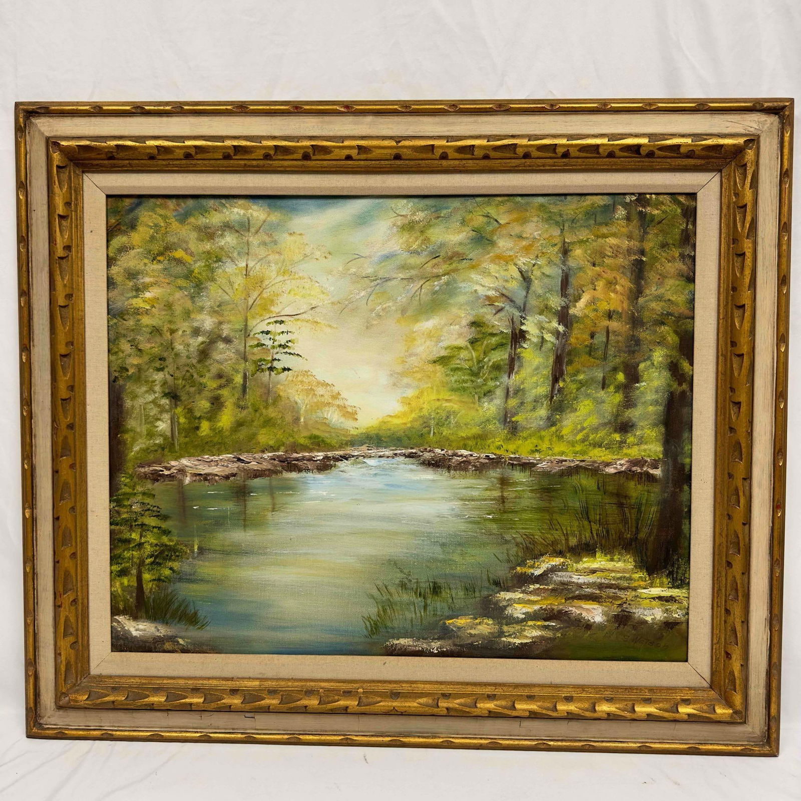 Original Oil Painting on Canvas Signed by S. Watson Nature Landscape Framed Artwork 492: Original Oil Painting on Canvas Signed by S. Watson Nature Landscape Framed Artwork. Artist signature in the bottom right hand corner of the painting. This artwork and frame show light signs of wear.