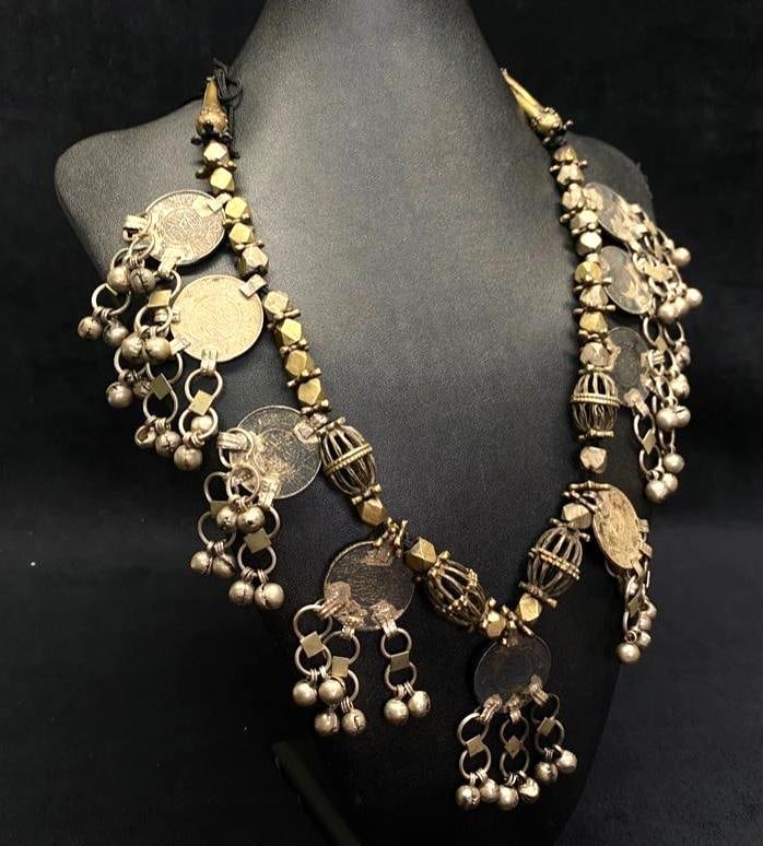 1950s Saudi Dowry Necklace: This piece of jewelry as been tested and researched prior to testing . Please view all our pictures they are part of our description. DETAILS: Metal - 0.9167 Silver coins and bells, base metal