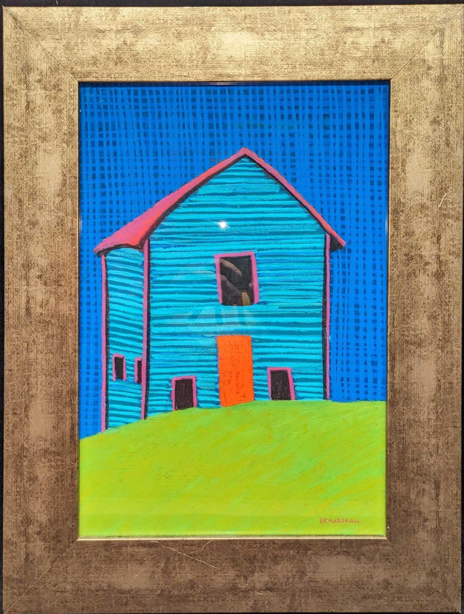 Framed Ellen Reiley Marshall Original Pastel Farm House In Aqua: Framed Ellen Reiley Marshall Original Pastel Farm House In Aqua. Original pastel on paper. This was painted in 2018. The framed original is approx 18 1/2" x 3/4" x 24 3/8" and it weighs
