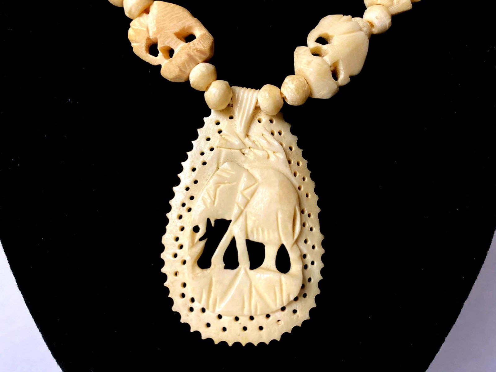 Vintage Detailed Hand Carved Bone Elephant Beads & Pendant (1 of 7)