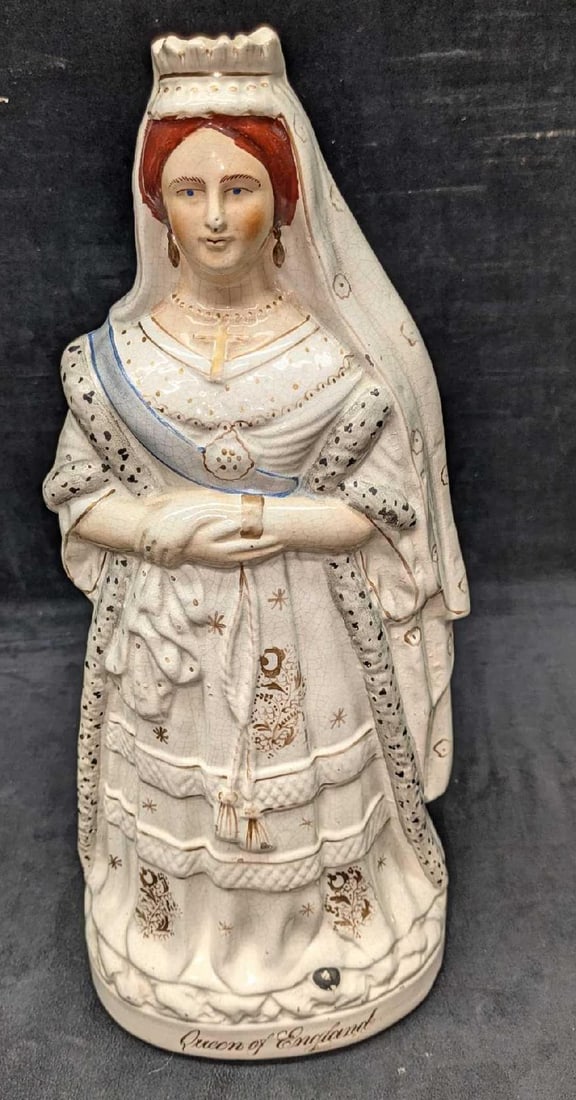 Antique Queen Victoria Staffordshire Pottery Figure: Antique Edward Prince of Wales-Staffordshire Pottery Figure. Believed to have been made at the Staffordshire pottery of Sampson Smith in the 1870's. This is 8" x 5" x 18" and it weighs 5.70lbs. The st