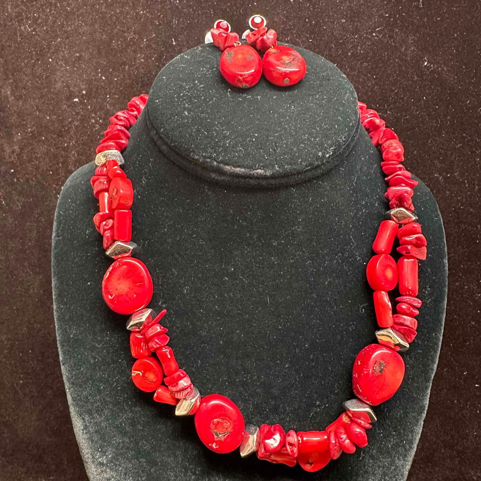 Bold Natural Red Coral Necklace and Earrings Set with Silver Tone Accent (1 of 8)
