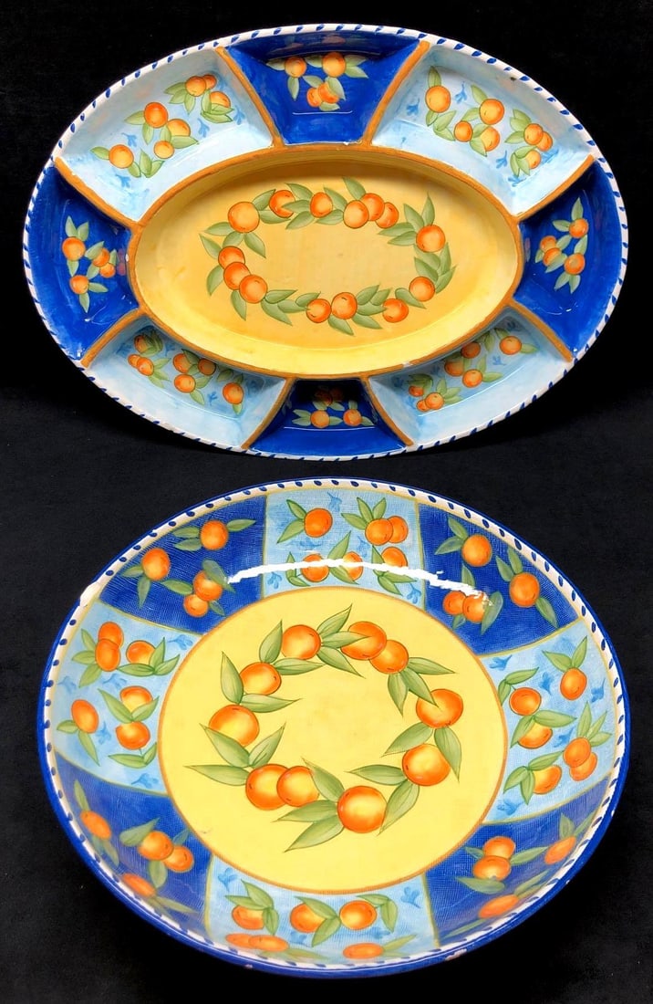 Ceramic Party Platter & Large Serving Bowl - Painted Valencia Oranges, Blue & Yellow Background (1 of 18)