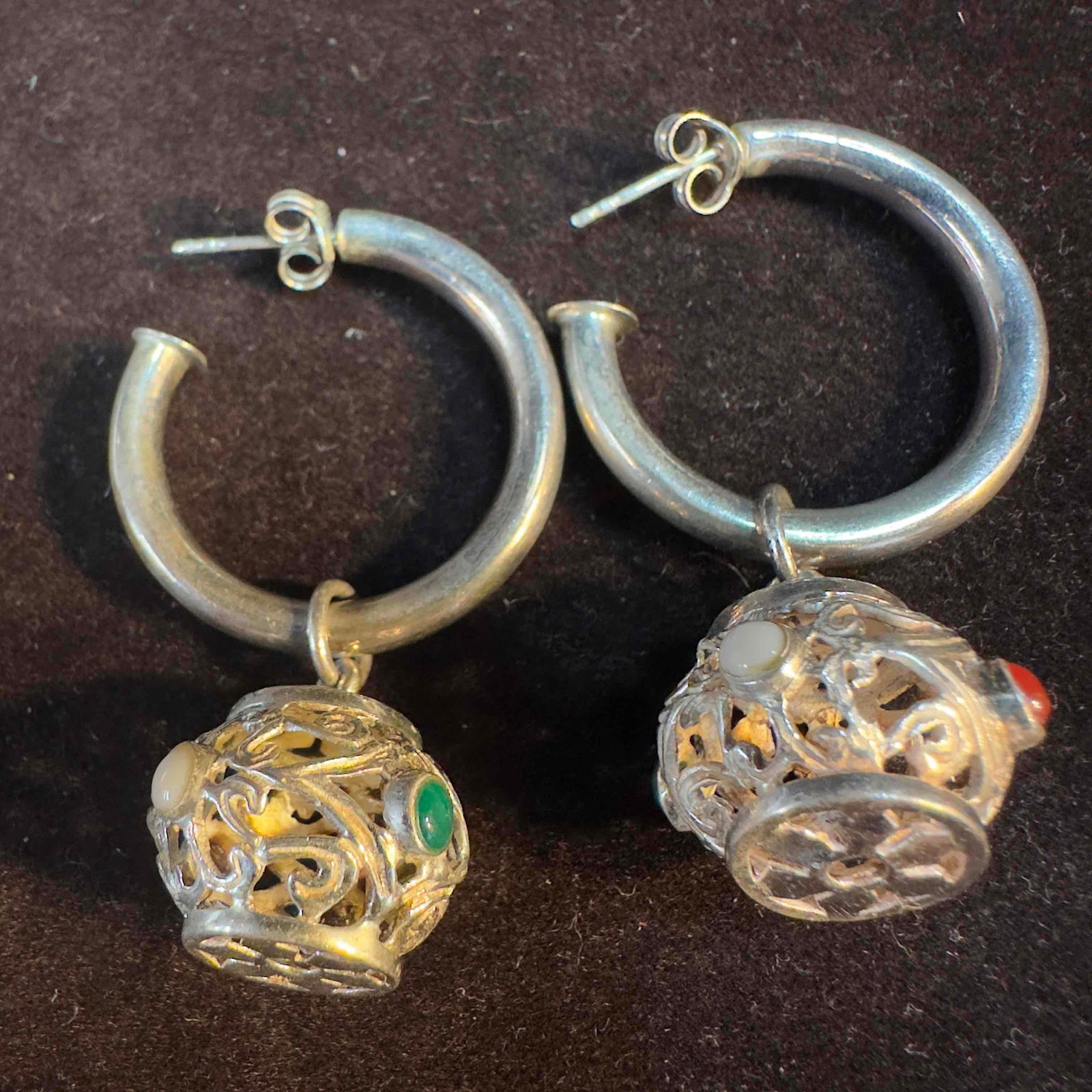 Sterling Silver Thick Hoop Dangle Multi Stone Ornate Ball Earrings (1 of 9)