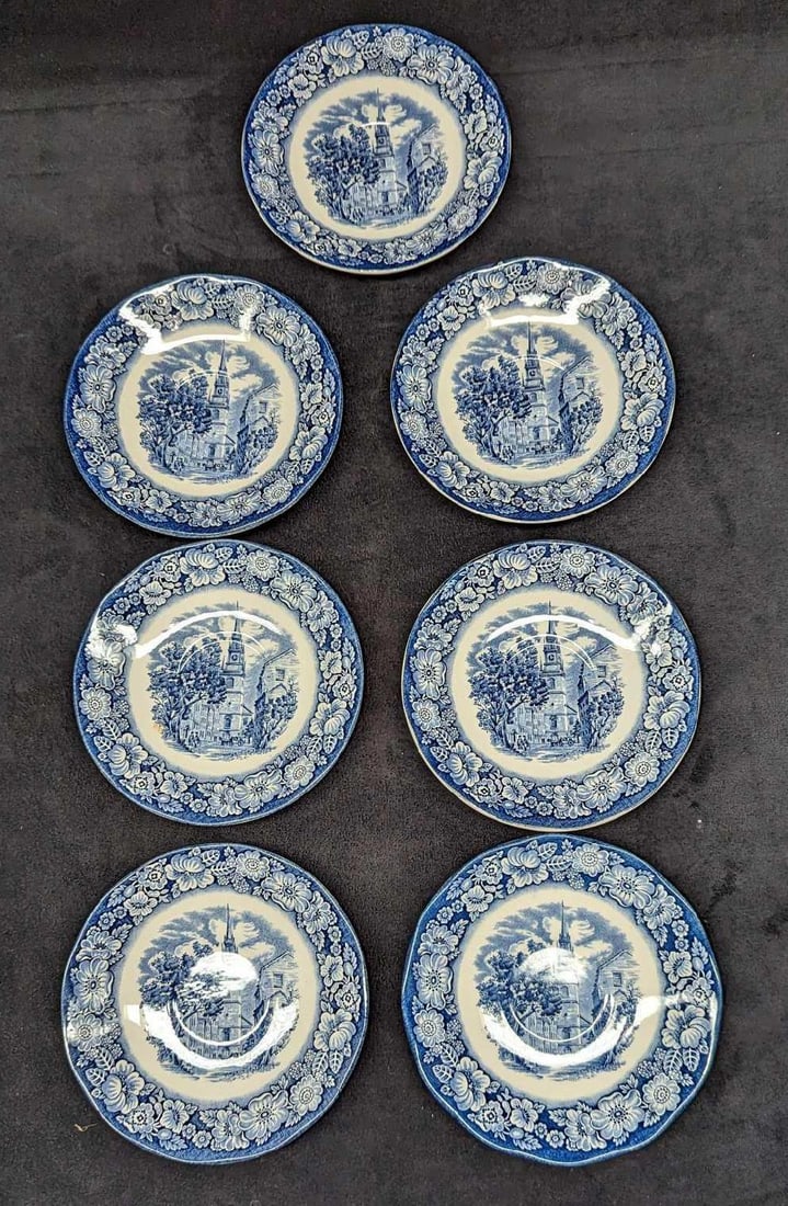 7 Vintage Retired Liberty Blue Saucers: 7 Vintage Retired Liberty Blue Saucers. "Old North Church". The 'Liberty Blue" Series was released by Staffordshire from 1975 - 1981. Each saucer is approximately 5 5/8" x 5 5/8" x 1/4" and together