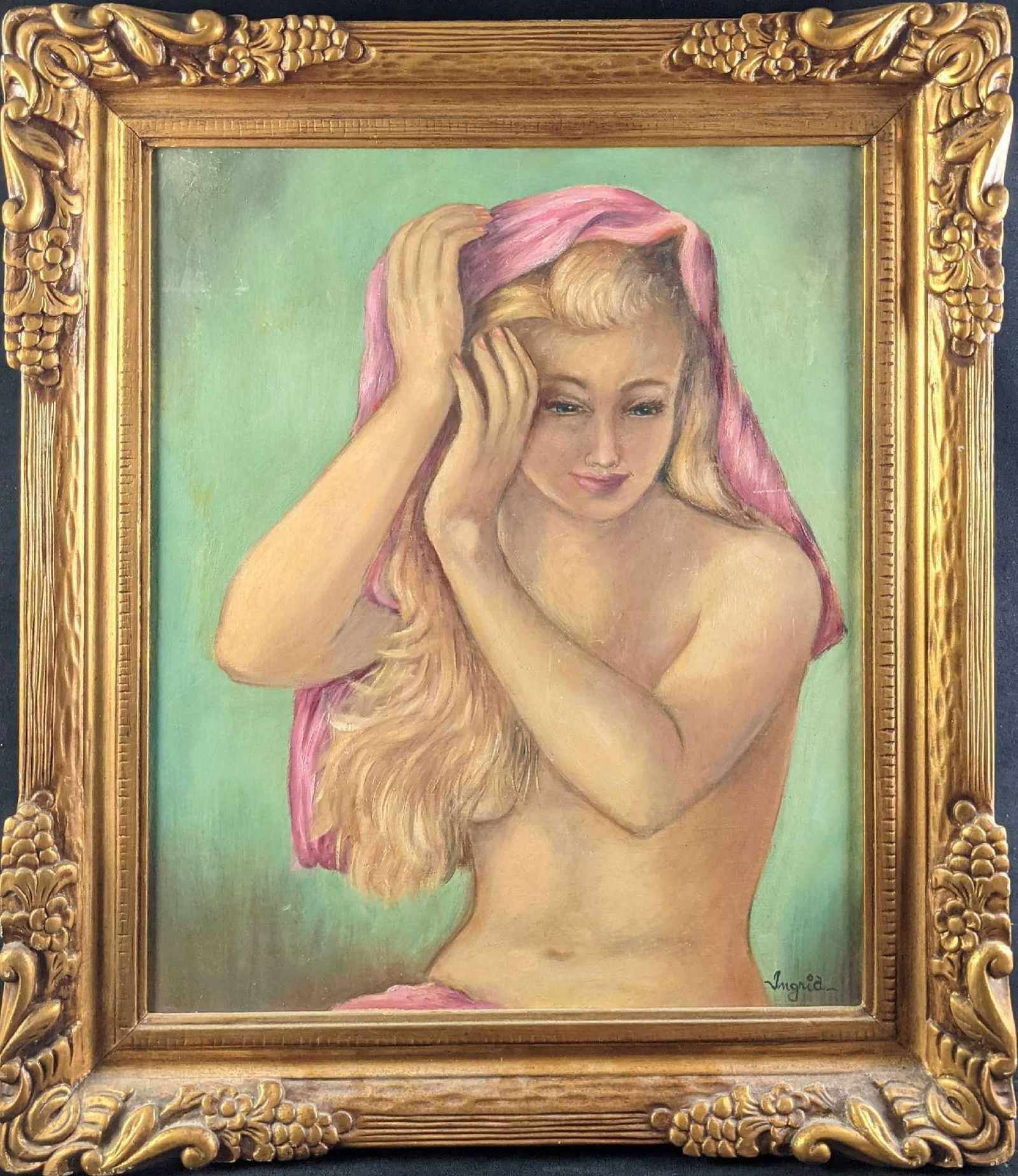 Original Framed Acrylic On Panel Nude Woman: Here is a unique figurative original acrylic on panel of a nude woman. It was signed on the bottom by an Ingrid. The framed original is approx 26" x 2" x 30" and it weighs 9.5lb. The original its