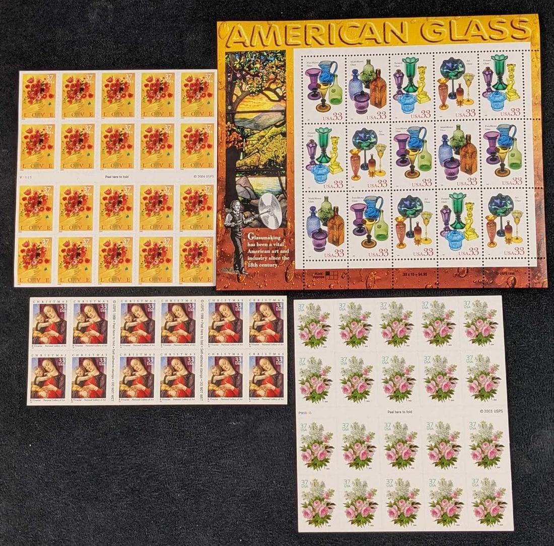 4 Sheets Of US Postal Stamps Art And Flowers (1 of 6)