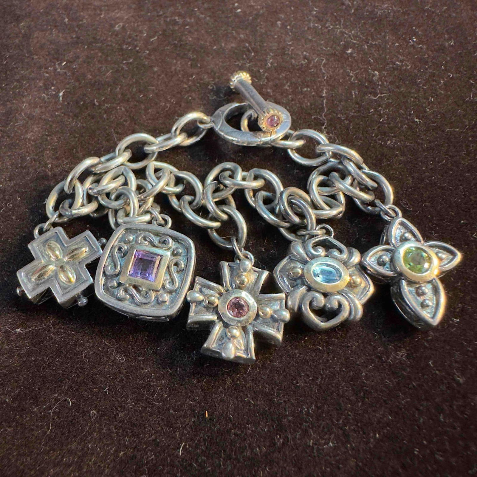 14K Gold 925 Sterling Silver Gemstones Rolo Toggle Line with Cabochons Bracelet Y5 (1 of 10)