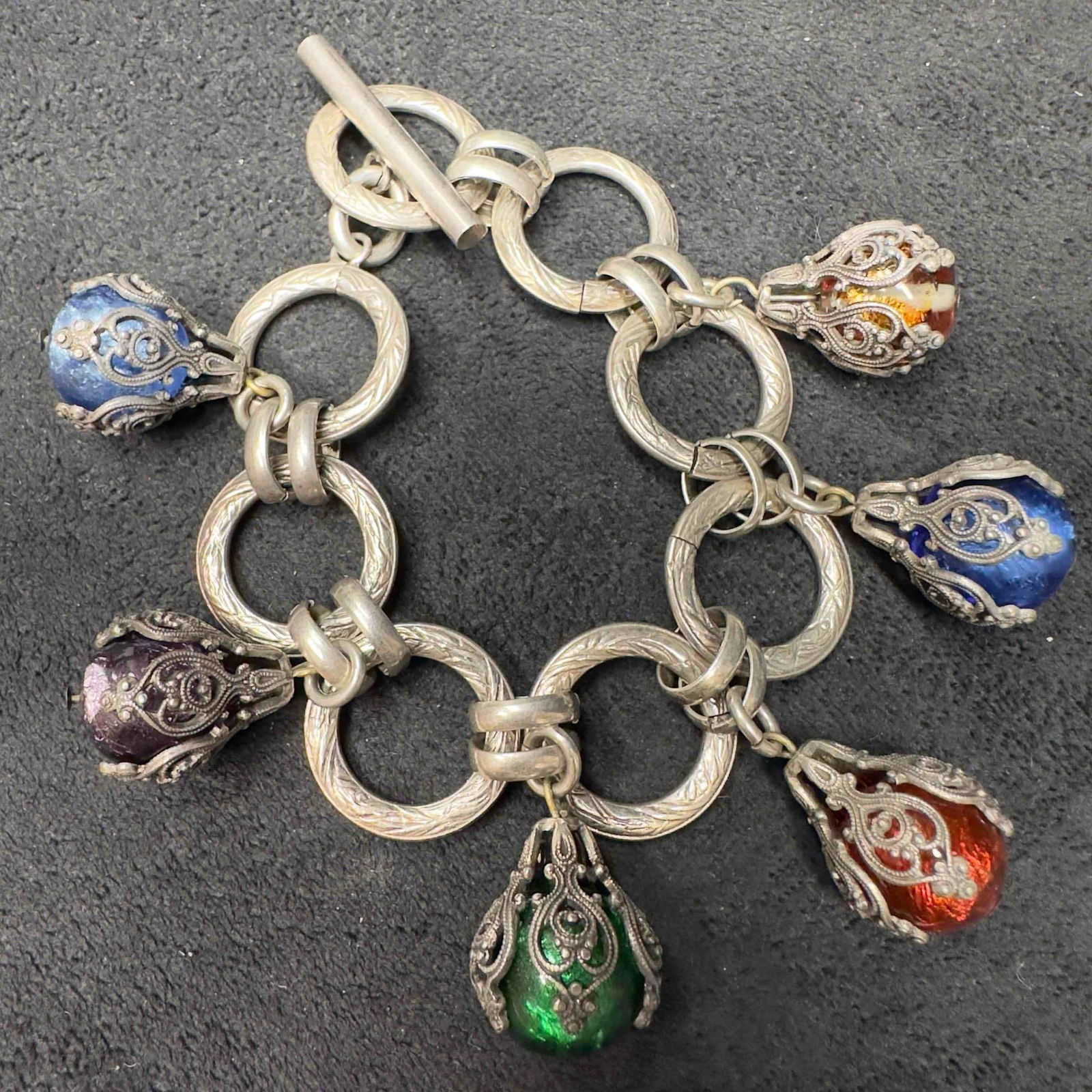 Multi Color Poured Glass Dangle Foil Charm Bracelet Made In France (1 of 13)