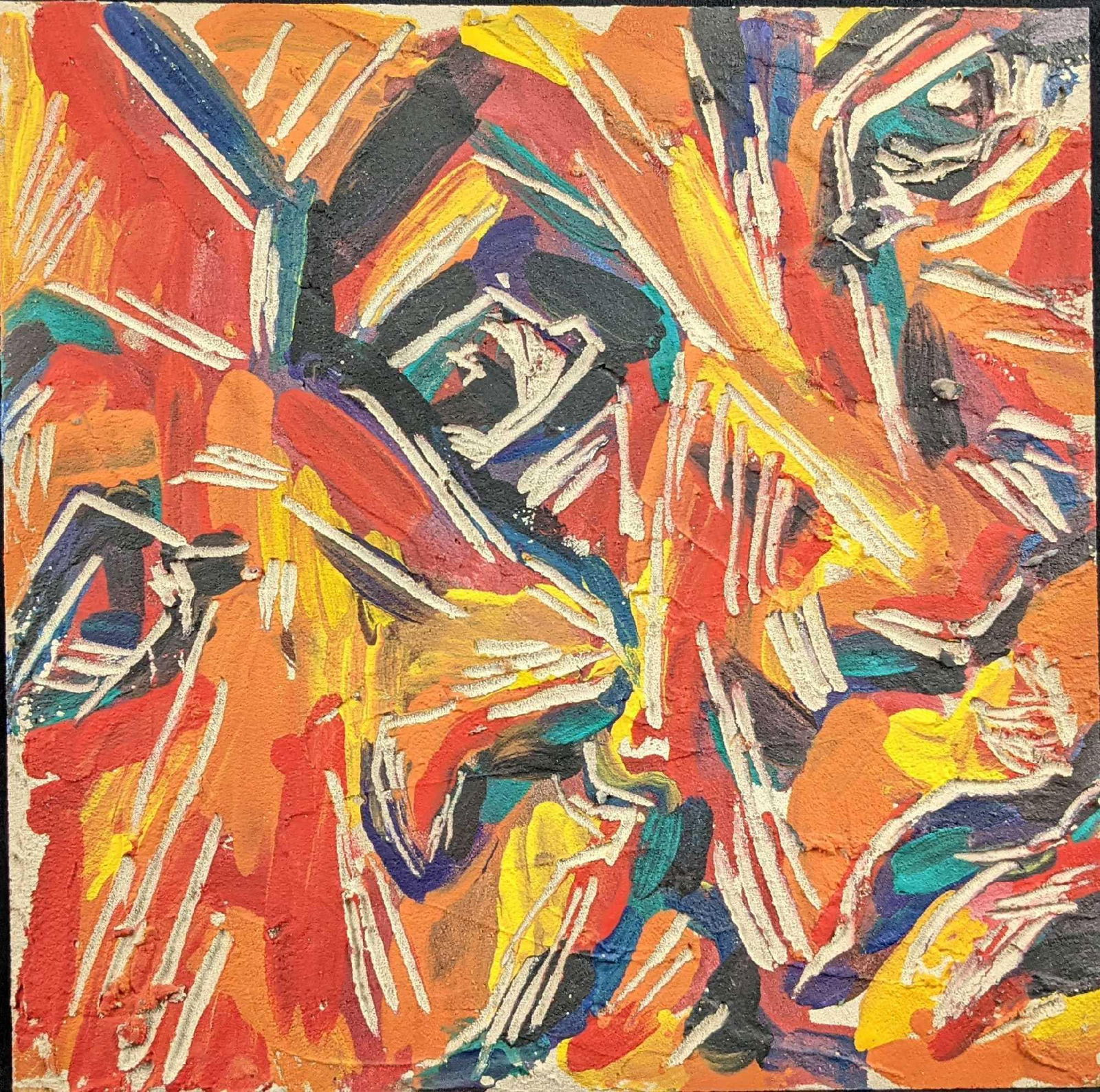 Joulia Vitaliy Carved Fresco on Masonite: Joulia Vitaliy Carved Fresco on Masonite of two men sharing secrets. Is approx 12" x 11 1/2". Is in a good, used condition with some sticker residue on the back. Artist Joulia Vitaliy