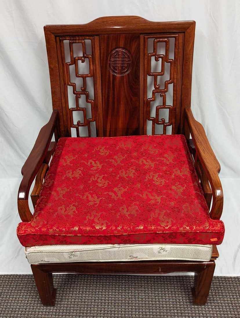 Vintage Qing Style Rosewood Armchair: Vintage Qing Style Rosewood Armchair. This is approx 26 x 23" x 35" and it weighs 40lbs. The chair has some markings near the bottom.