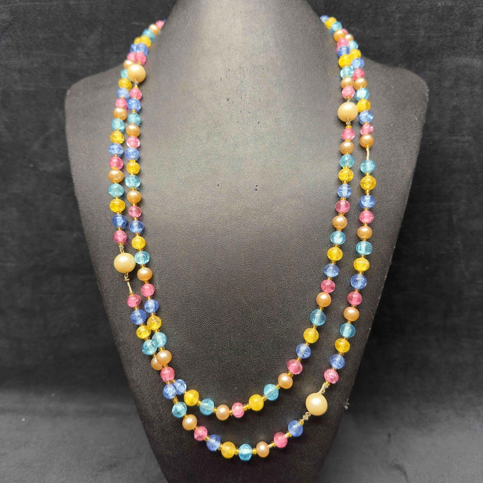Murano Venetian Lamp Work Art Glass Light Bright Multi Colored Beaded Long Necklace G18: Murano Venetian Lamp Work Art Glass Light Bright Multi Colored Beaded Long Necklace G18. Necklace with light bright multi colored glass beads with beautiful designs on each. The necklace features a sp