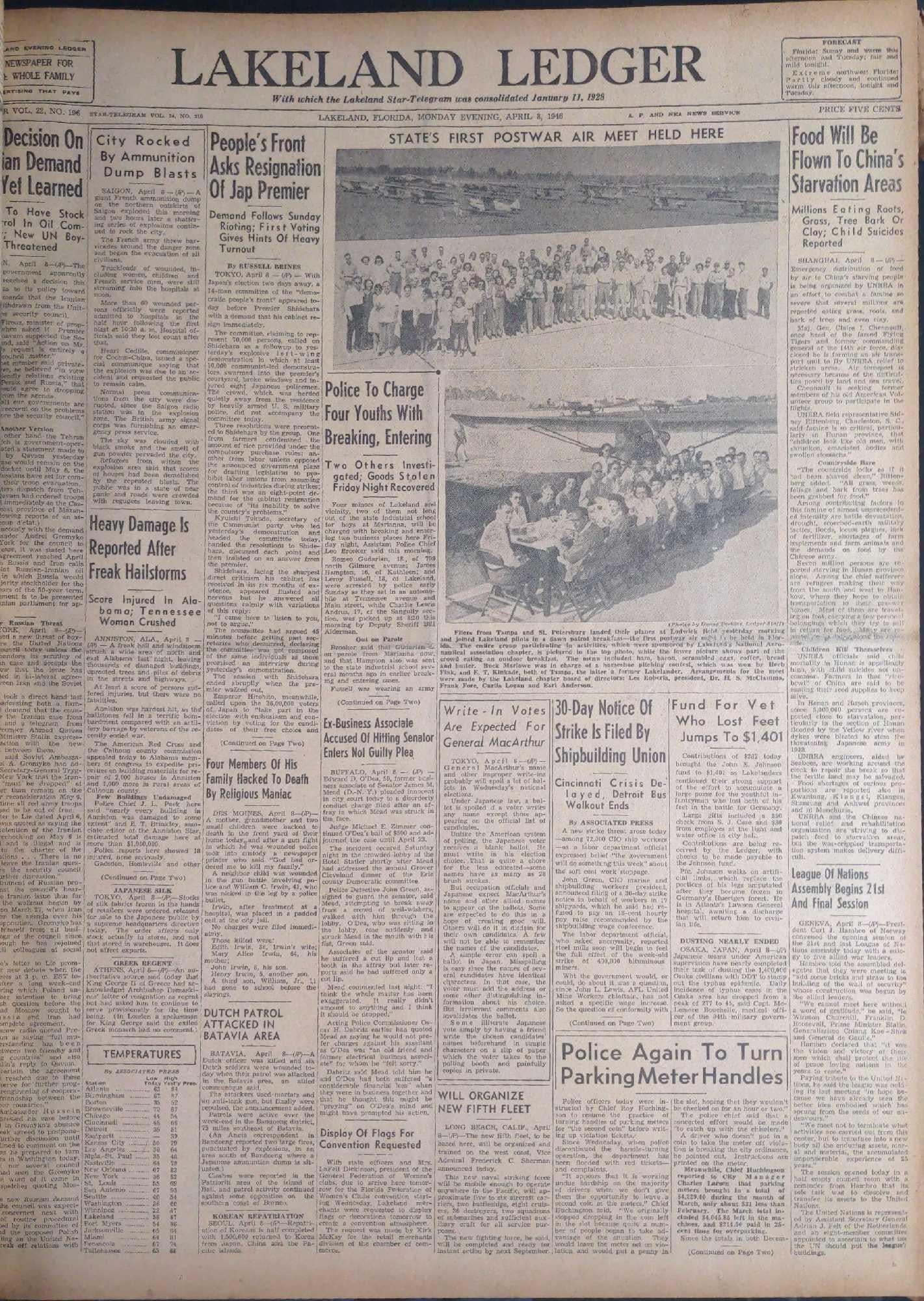 Vintage Bound Florida Lakeland Ledger April To June 1946: Here are newspapers from the Lakeland Ledger, from April 1 to June 30, 1946. This is all approx 17" x 2" x 23". Papers have discoloration and some rips. First few pages have creases. Hard-cover has so