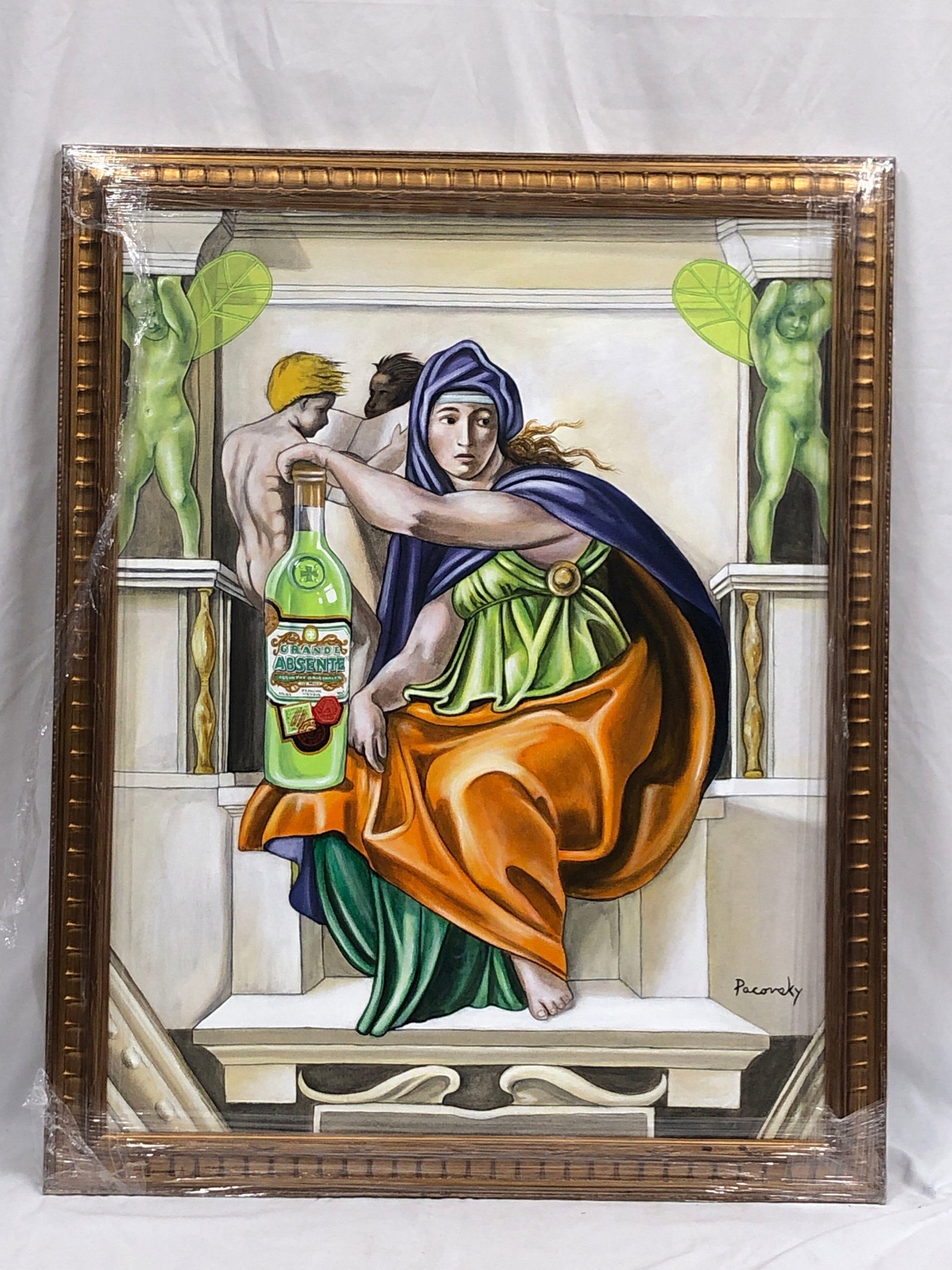 John Pacovsky & Absente / Absinthe - Commissioned, Signed, Framed - Acrylic on Canvas: Absente / Absinthe Marketing Ad - Painting Commissioned by Liquor Branding Executive. Signed and Framed Acrylic on Canvas by Artist John Pacovsky. Artwork was inspired by Michelangelo The Delphic Siby