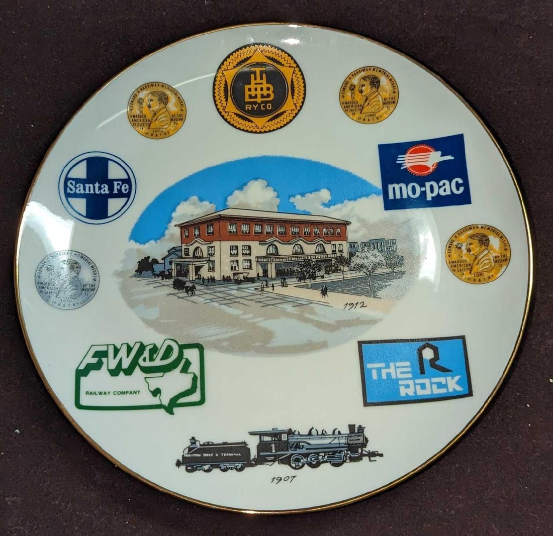 1981 Gold Harriman Porcelain Series #1 Display Plate: 1981 Gold Harriman Porcelain Series #1 Display Plate. The design has the Houston Area Terminals/Yards represented and other railroad that serviced the area. This was given to employees of the Houston