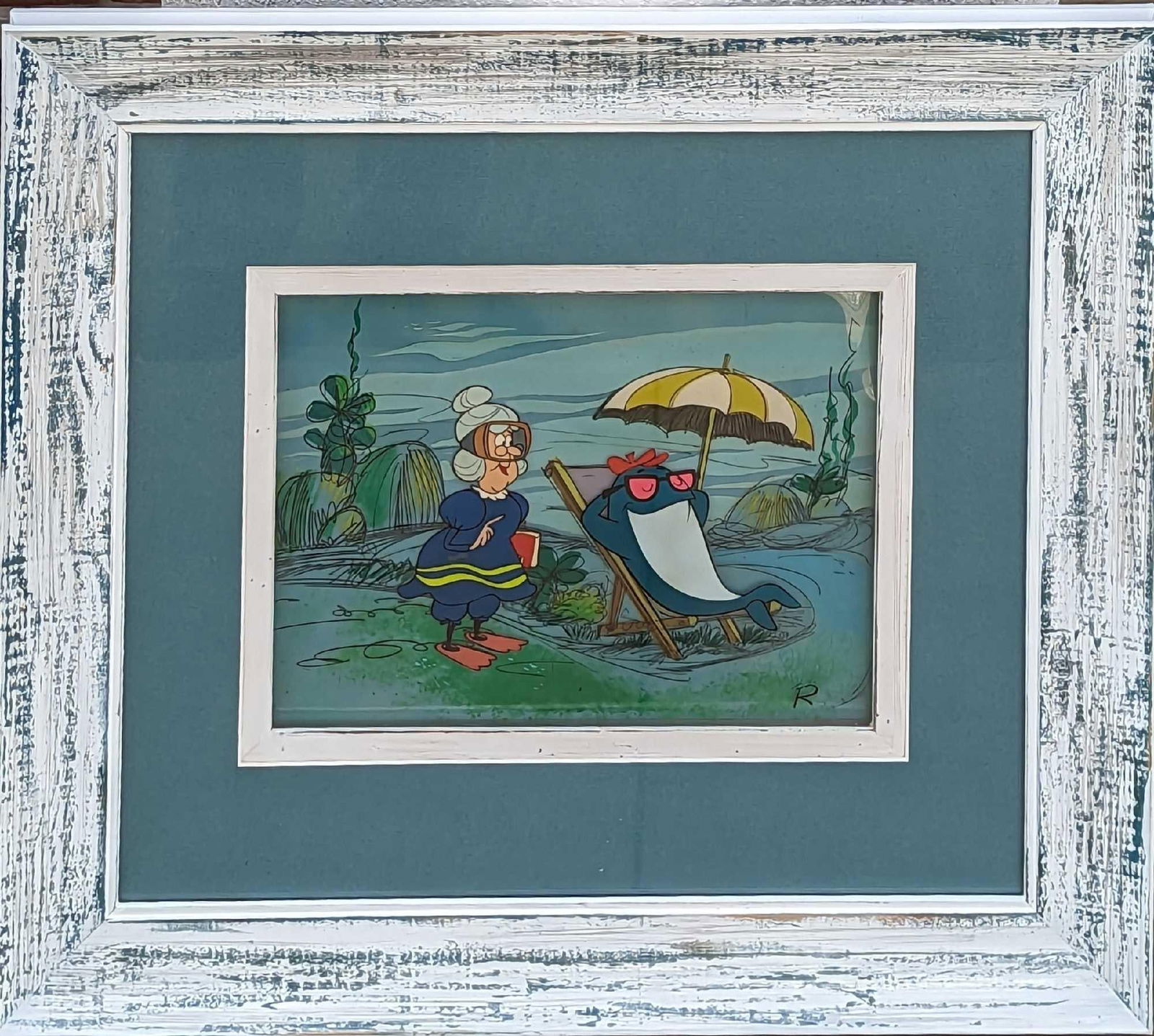 Vintage Framed Animation Cel Charlie The Tuna Starkist: Vintage Framed Animation Cel Charlie The Tuna Starkist. Hand-painted celluloid (cel) and produced at the Depatie-Freleng Studios. The framed cel is approx 22" x 1 1/4" x 20 3/8" and it weighs