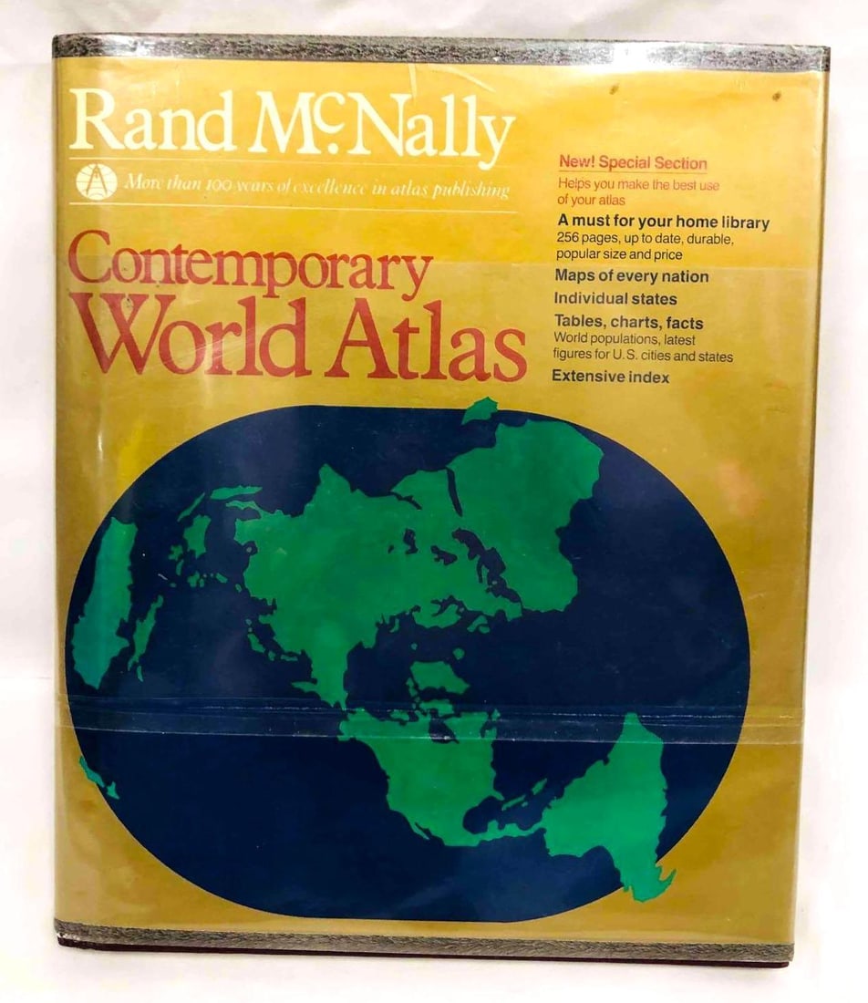 Contemporary World Atlas Rand McNally: This lot contains Contemporary World Atlas Rand McNally. It is approx 11 1/2" x 9 1/4" and weighs about 2.7lbs. Overall the book is in good used condition considering age and light wear from u