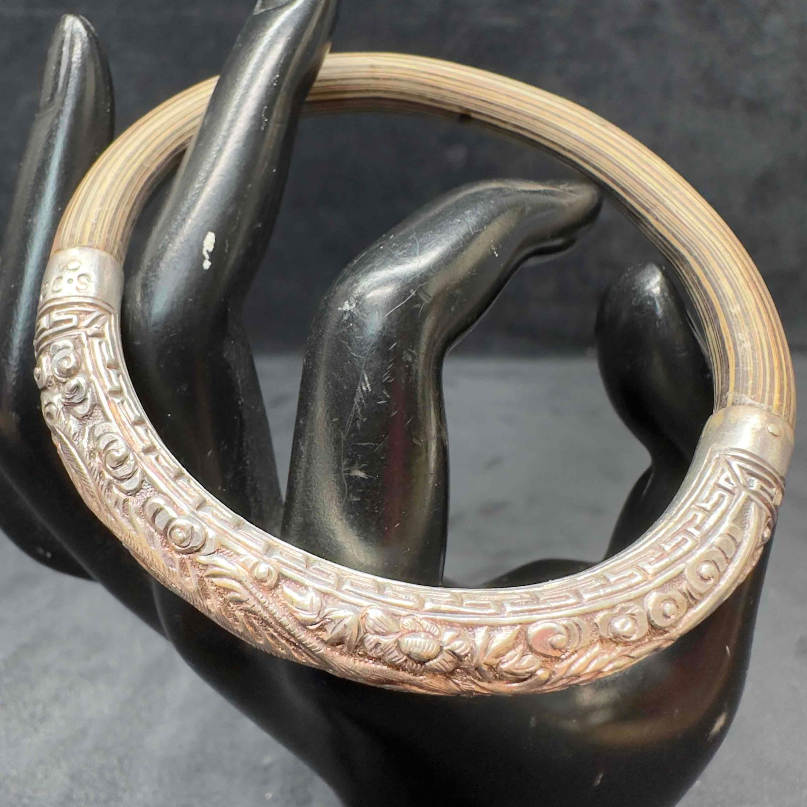 Chinese Dragon Rattan Sterling Silver 925 Bamboo Wood Bangle Bracelet (1 of 9)