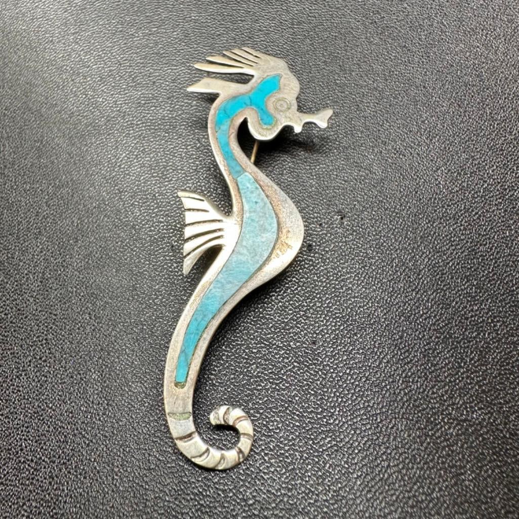 Sterling Seahorse Brooch Turquoise Inlay (1 of 3)