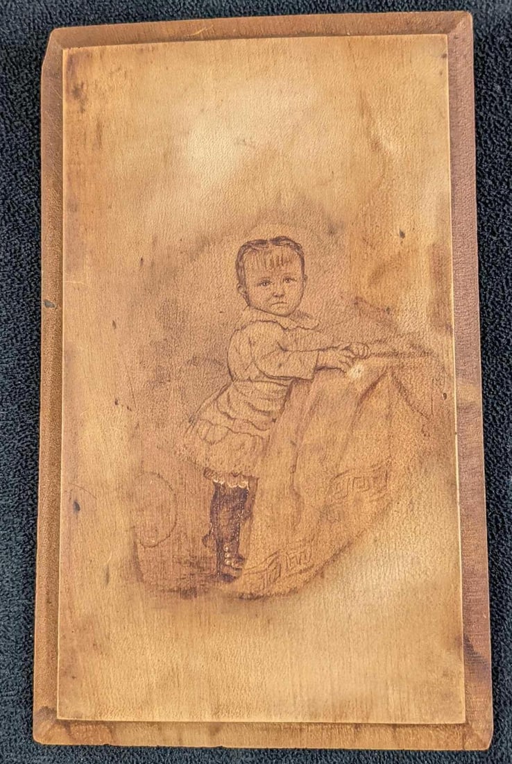 Antique Pyrography Burn Image On Wood Little Girl (1 of 3)