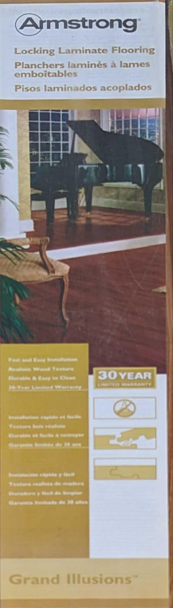 Armstrong Locking Laminate Flooring Grand Illusions: Armstrong Locking Laminate Flooring Grand Illusions. 1 box = 13.05 sq. ft. Please see the images for the laminate style. Comes in its original box which is approx 5 1/2" x 3 3/4" x 48" and it weighs 2