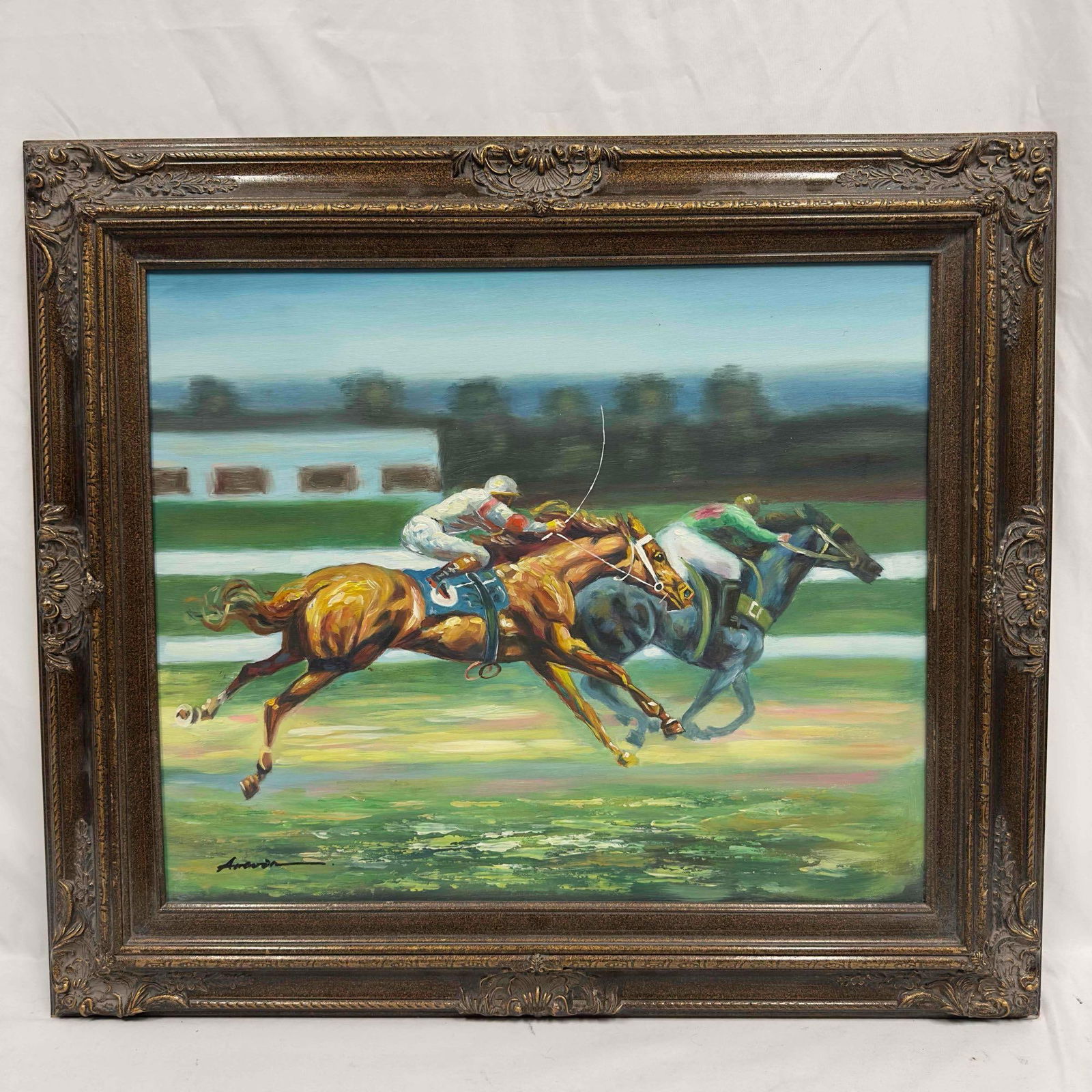Framed Oil on Canvas Horse Racing Derby Art Painting (1 of 15)