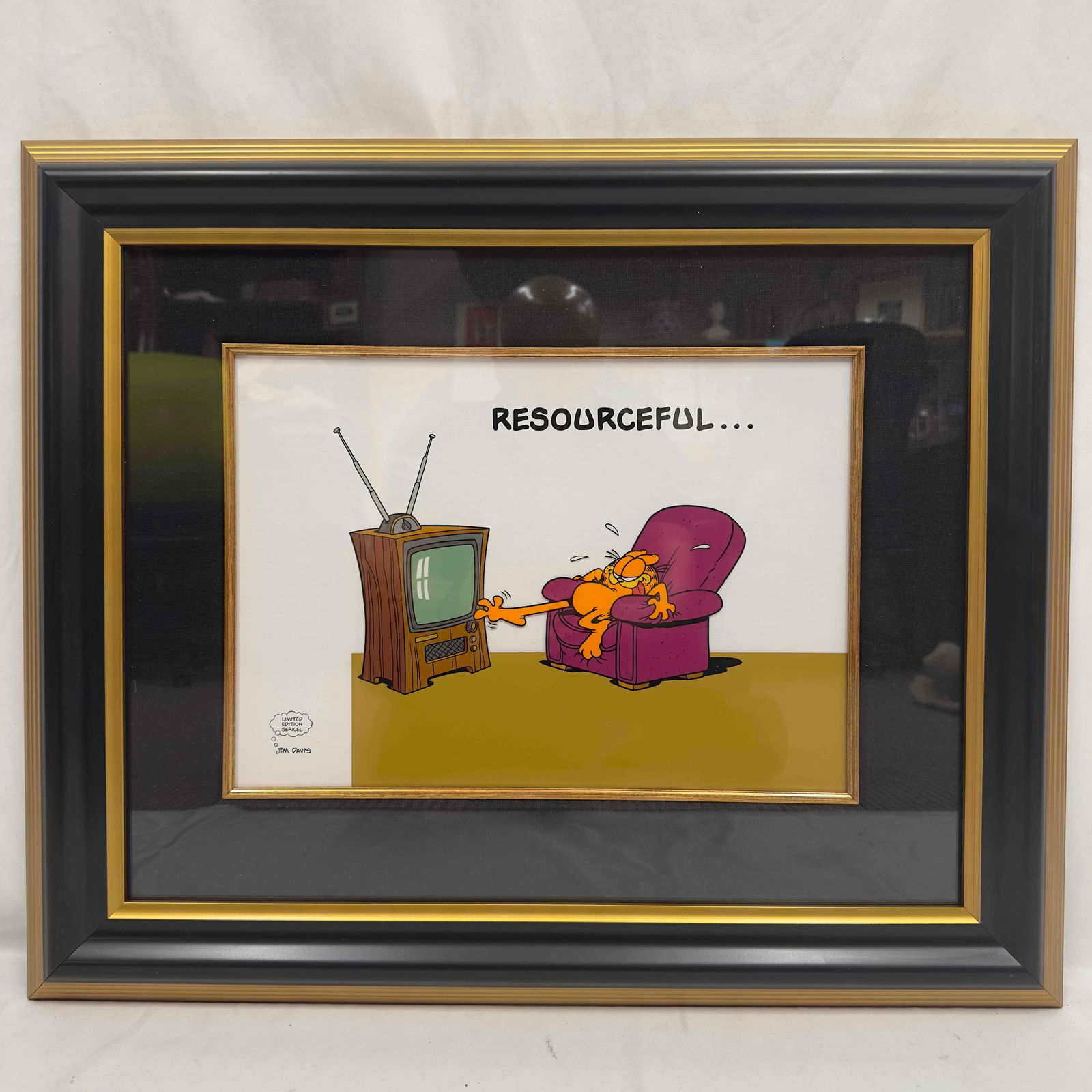 Jim Davis Garfield Resourceful Limited Edition Sericel Framed 1993: Jim Davis Garfield Resourceful Limited Edition Sericel Framed 1993. Sericel. From the limited edition of 9500. Includes original Park West Certificate of Authenticity and Appraisal paperwork. This