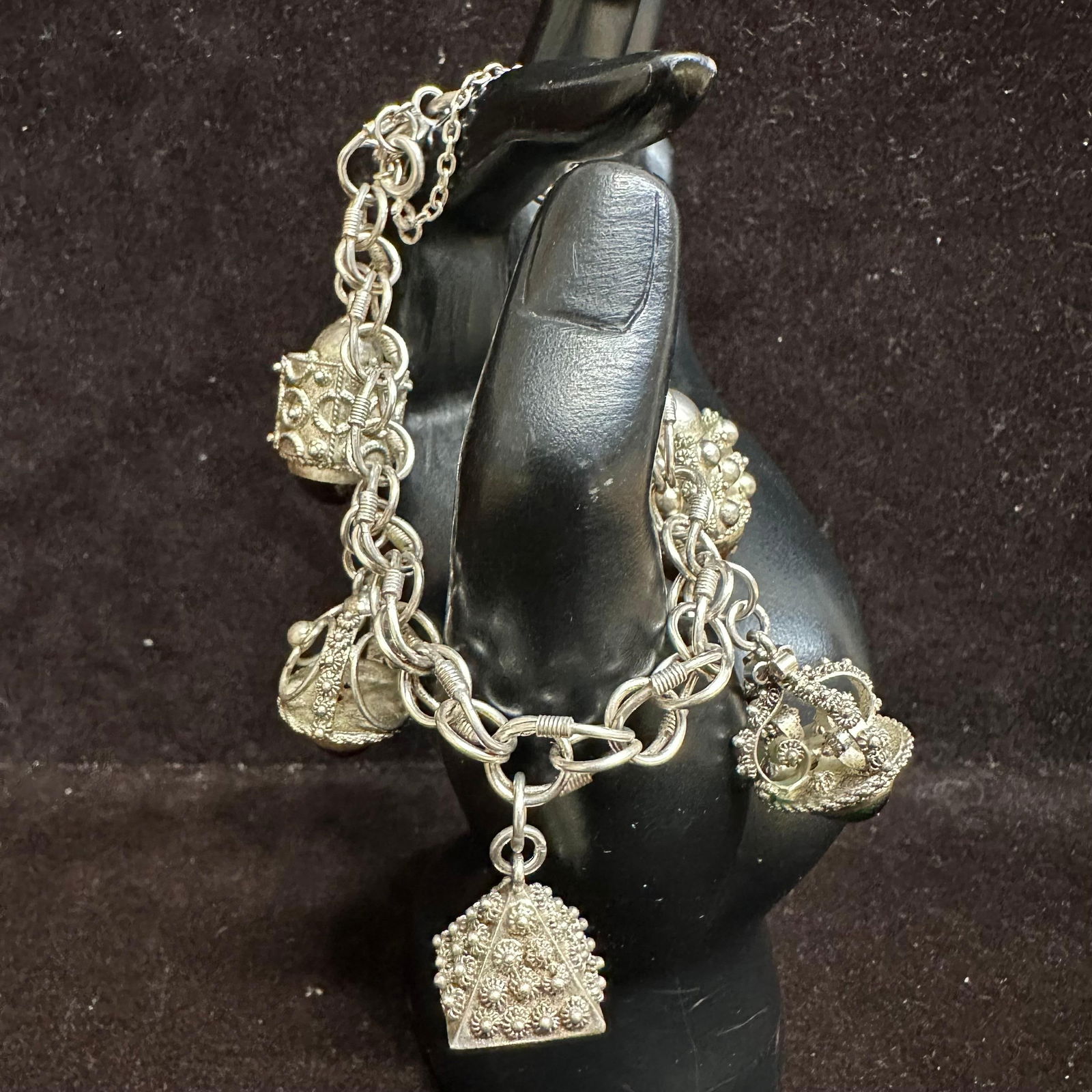 Silver Bracelet After Etruscan Revival Charm Faux Glass Gemstones O74 (1 of 13)