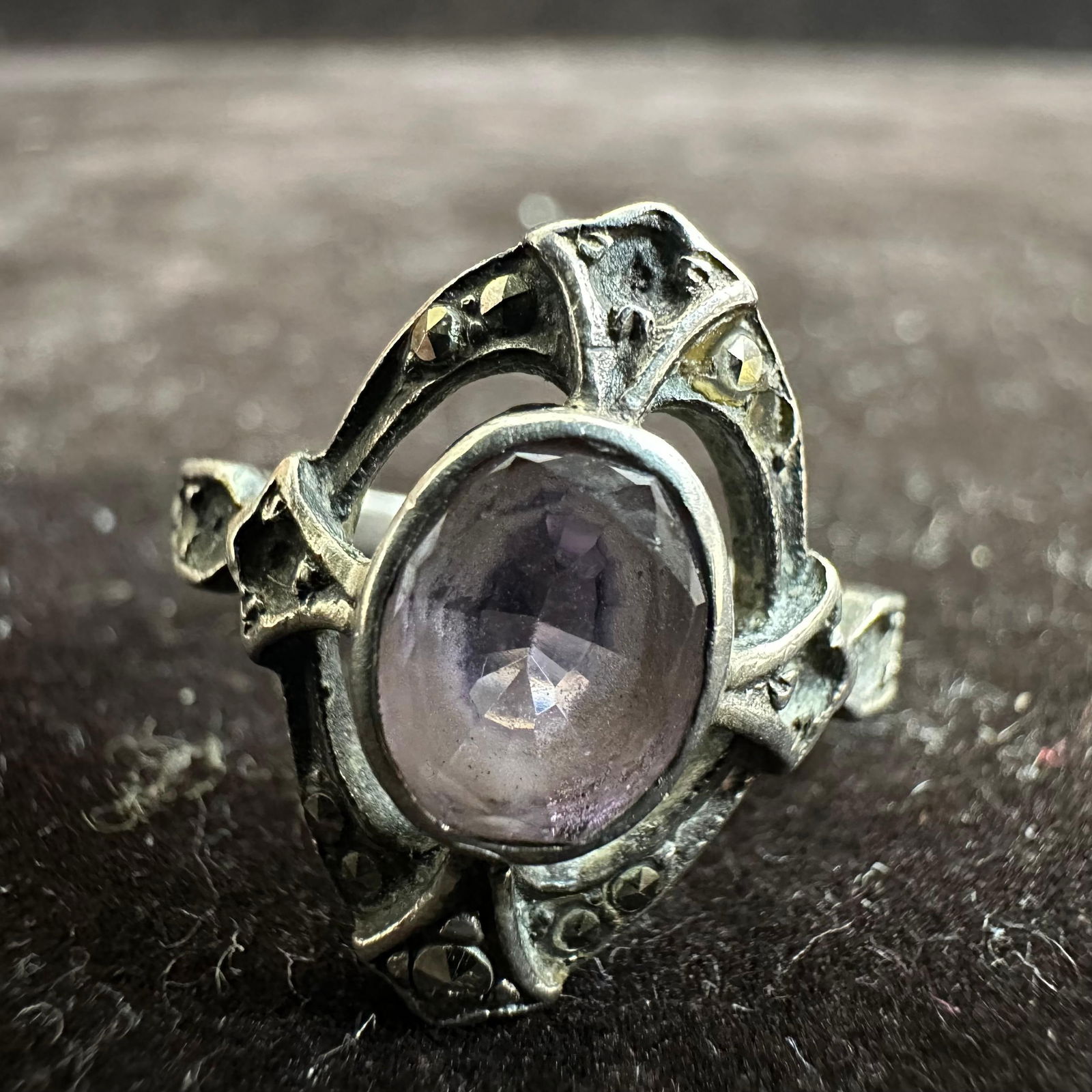 Art Nouveau Style Marcasite and Amethyst Stone Accent Silver Ring: This item is in good pre-owned, previously used/displayed condition with noticeable light wear and surface scratches. Please reference all photos for full details. This piece of jewelry has been
