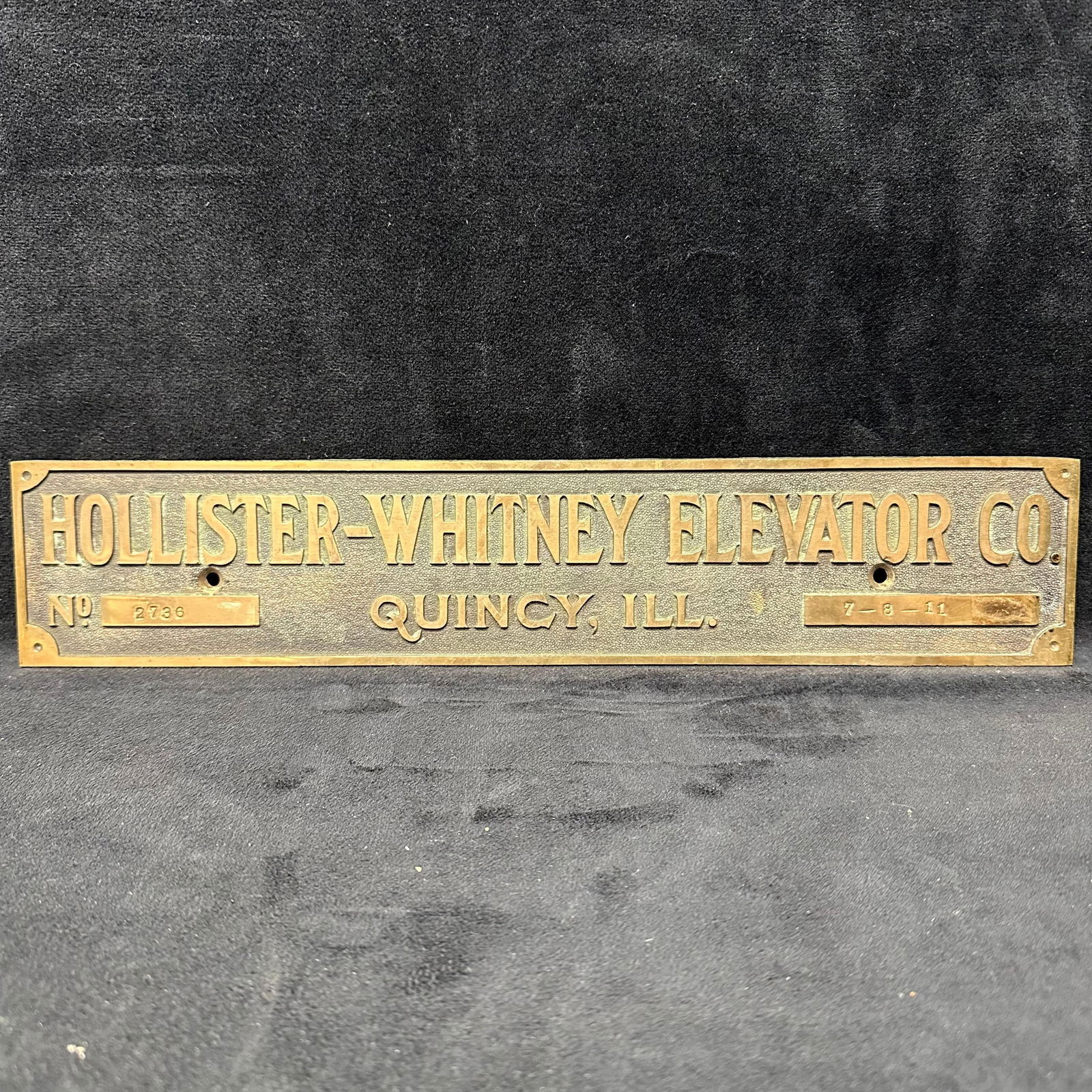 Vintage Hollister Whitney Elevator Co. Brass Identification Plate Quincy Illinois (1 of 5)