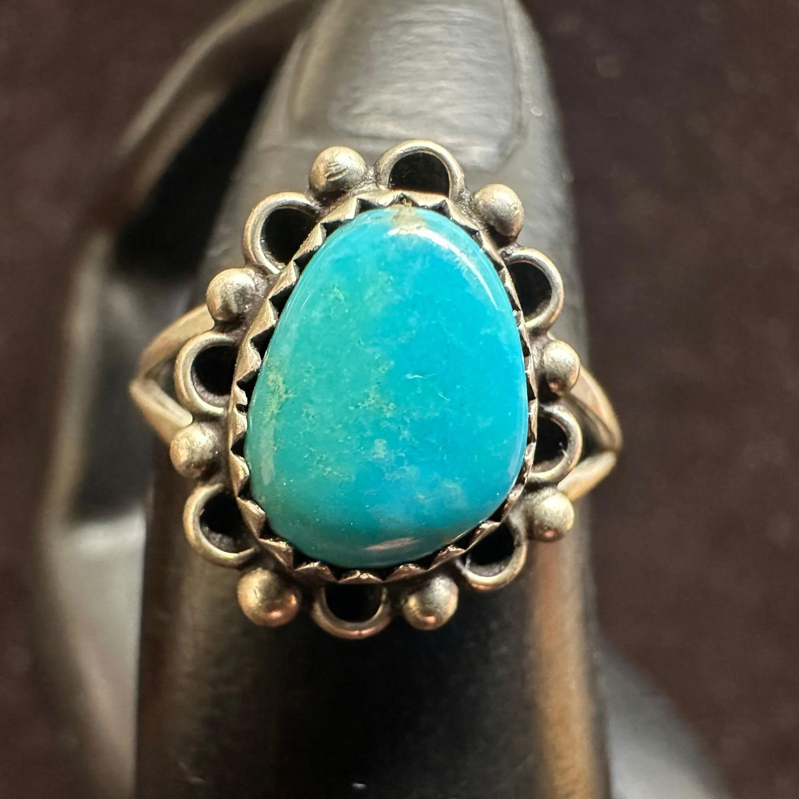 Navajo Style Silver Ring Teardrop Shaped Blue Turquoise Stone Scalloped Border Bezel (1 of 5)