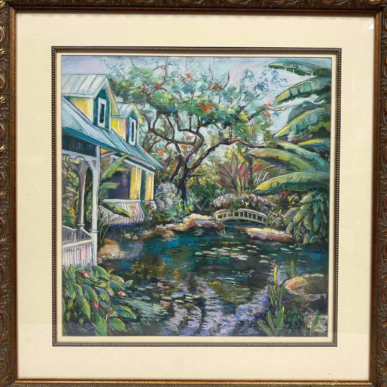 Jane Bazinet Signed Original Pastel Tropical House and Garden Pond Scene: Offered is a signed original pastel by well-known artist Jane Bazinet. The composition features a colorful tropical house with a wraparound porch overlooking a lush pond with water lilies, a small arc