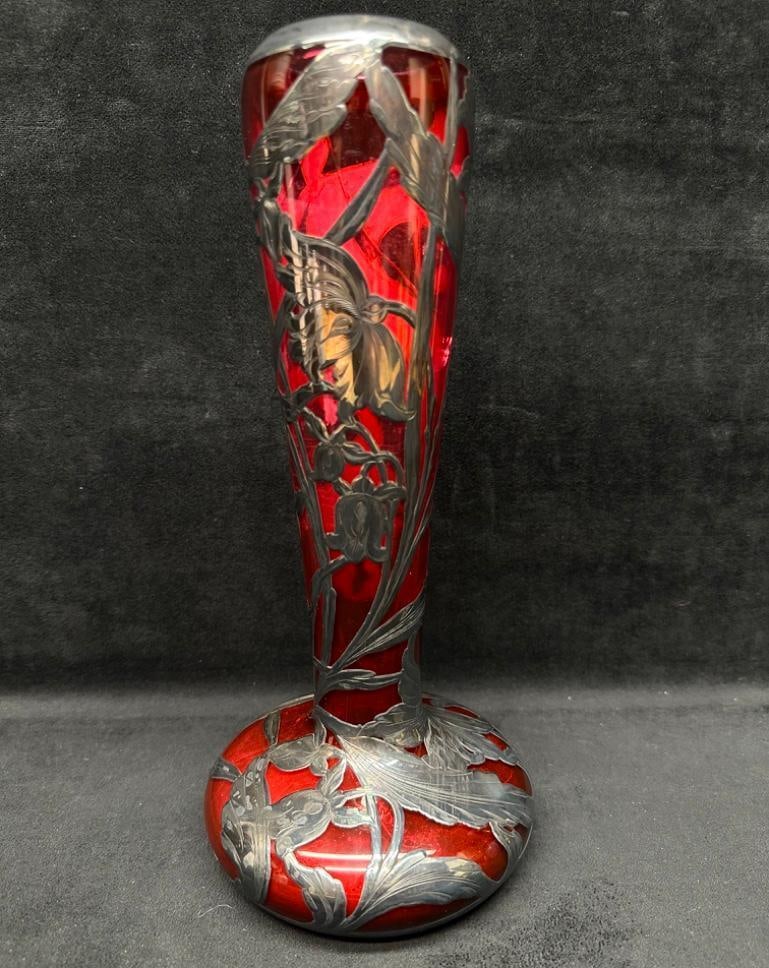 Antique Red Glass Sterling Overlay Vase R146 (1 of 11)