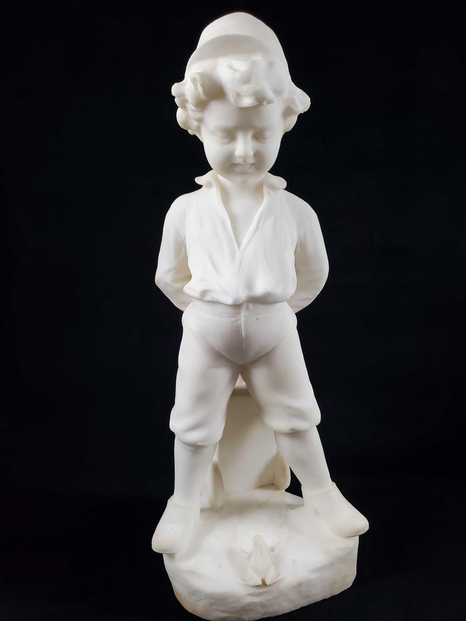Carved Italian White Marble of Boy and Frog Sculpture Signed A.C: This carved solid Italian white cornea marble depicts a young lad with his wagon and a frog. This piece has belong to the consignor for over 50 years. Signed A. C (the rest of the last name is