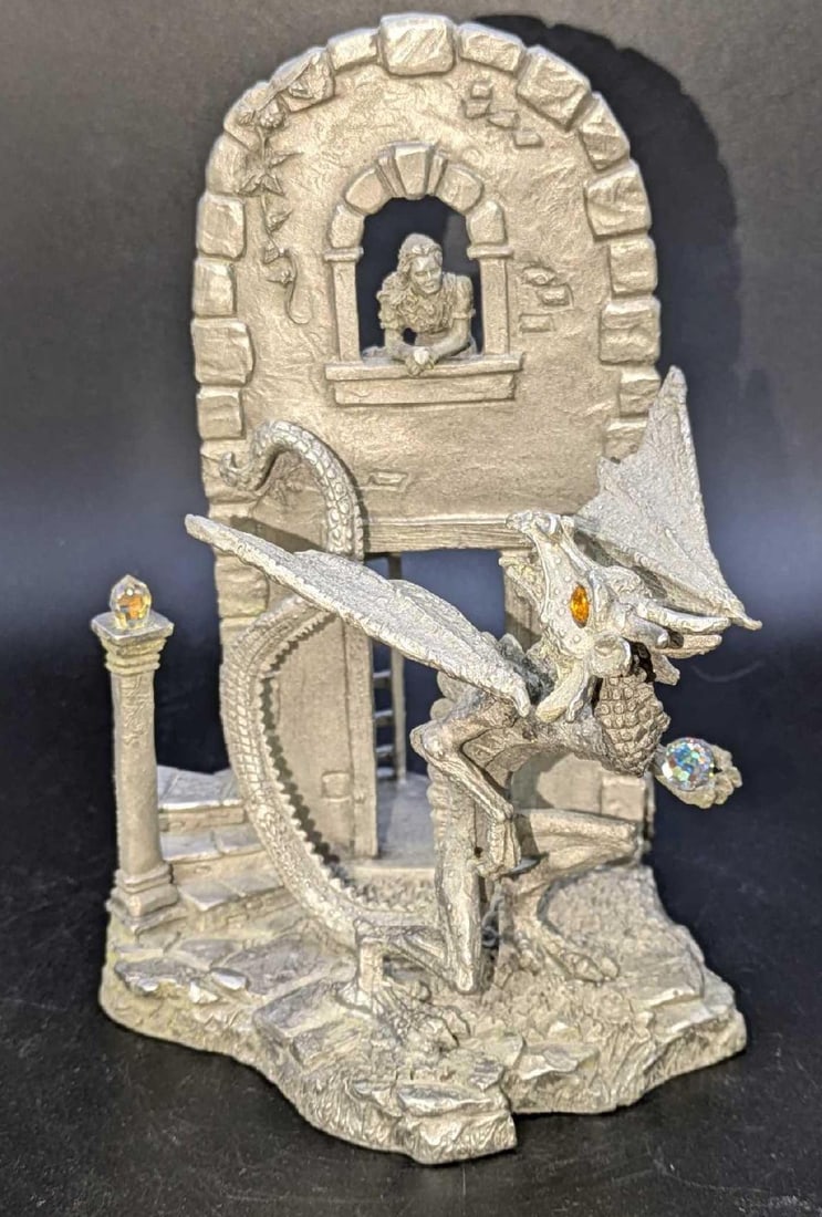 Rawcliffe Pewter The Guardian Dragon Figurine Missy Leigh: Rawcliffe Pewter The Guardian Dragon Figurine Missy Leigh. This was dated the year 2000. This is 4"x 5 1/2" x 6" and it weighs 1.39lb. The figurine has some light wear. 