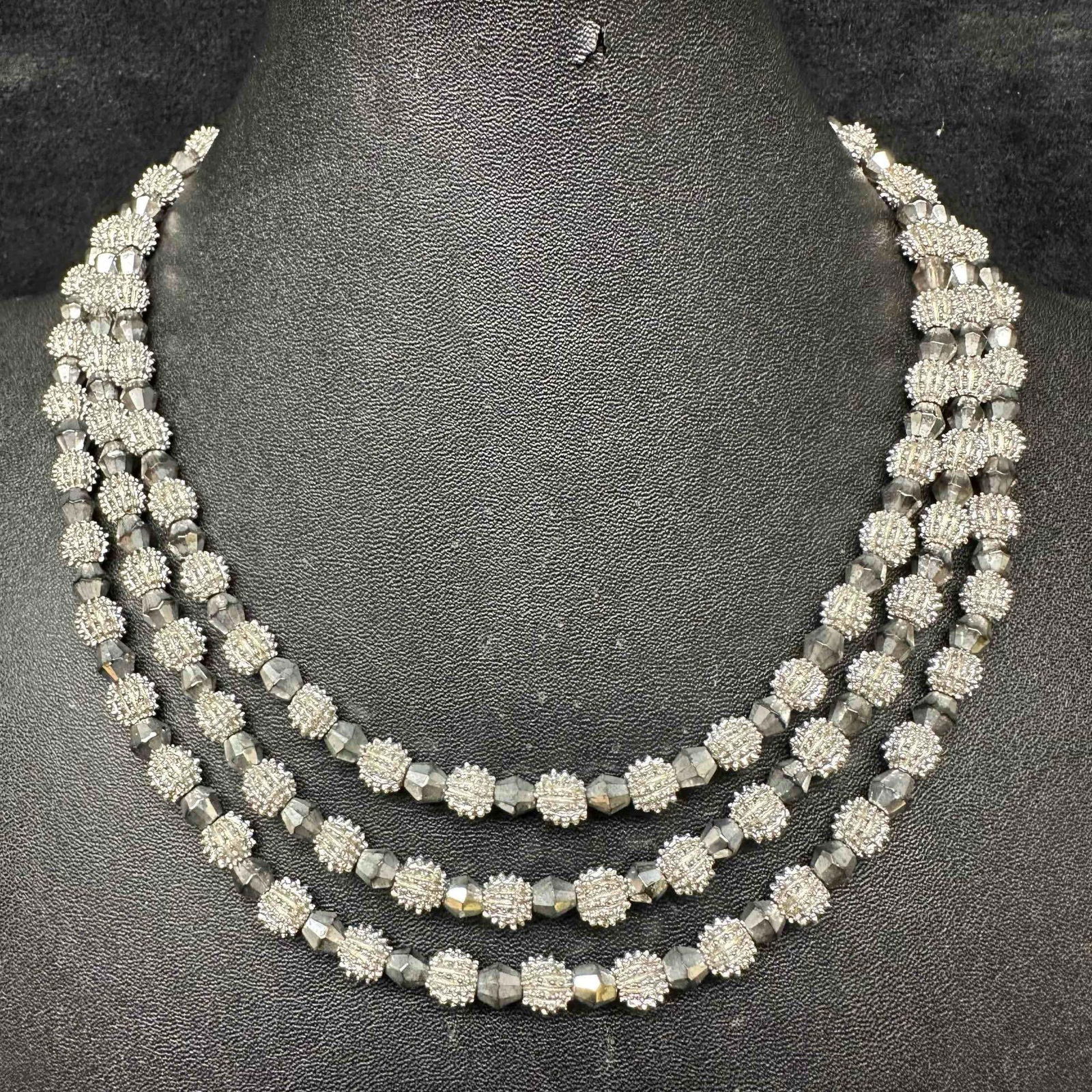 Crown Trifari Electra Collection Three Strand Silver Nub Textured Beaded Necklace A1 (1 of 9)