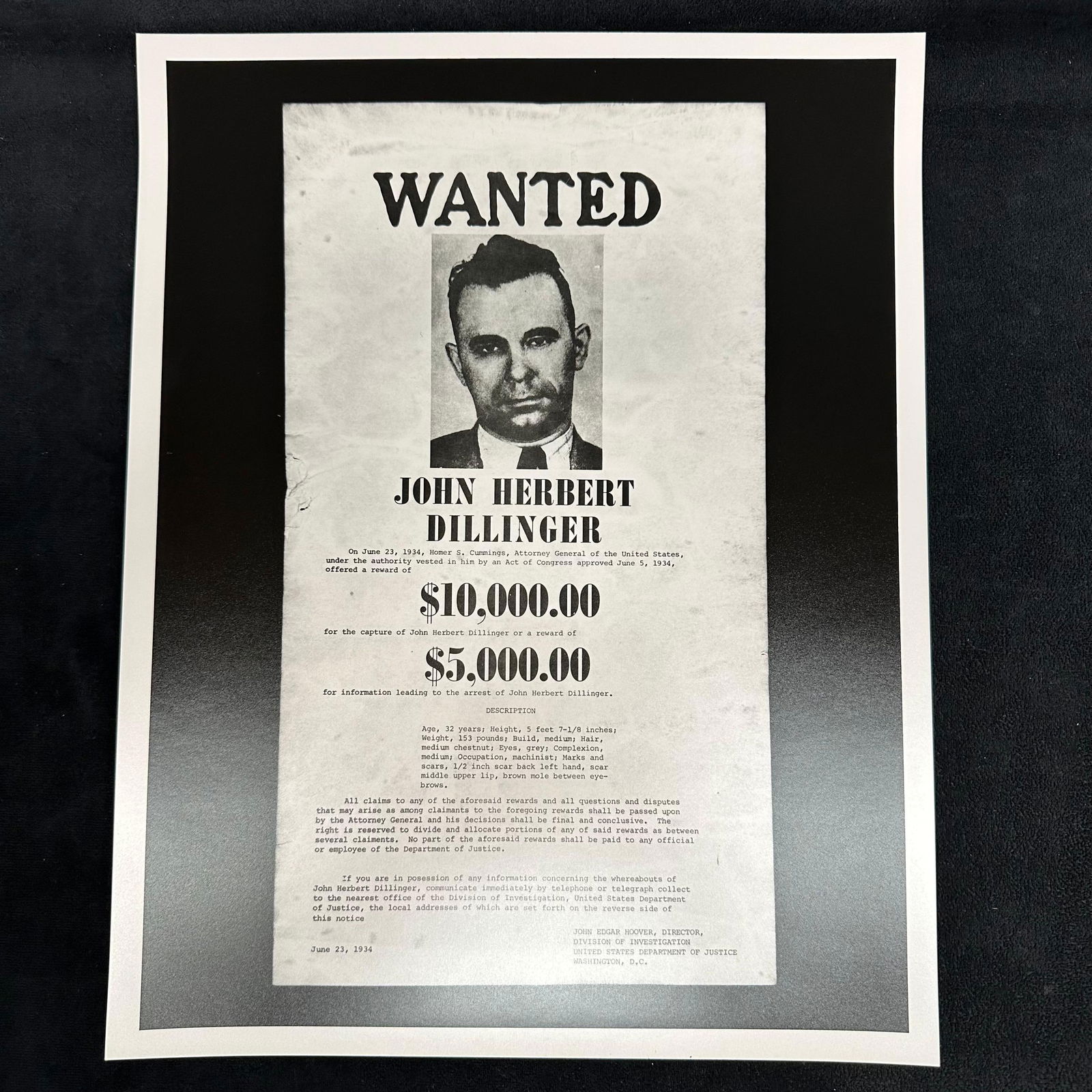 John Herbert Dillinger FBI Wanted Poster $10,000 Reward Black and White Analog Photography Print #3 (1 of 6)
