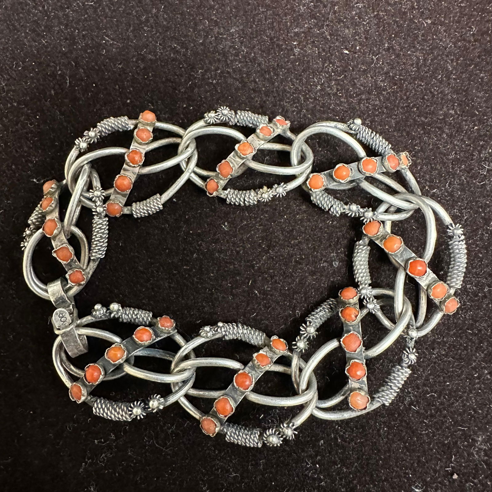 800 Silver Coral Inlay Statement Intricate Silverwork Bracelet K69 (1 of 7)
