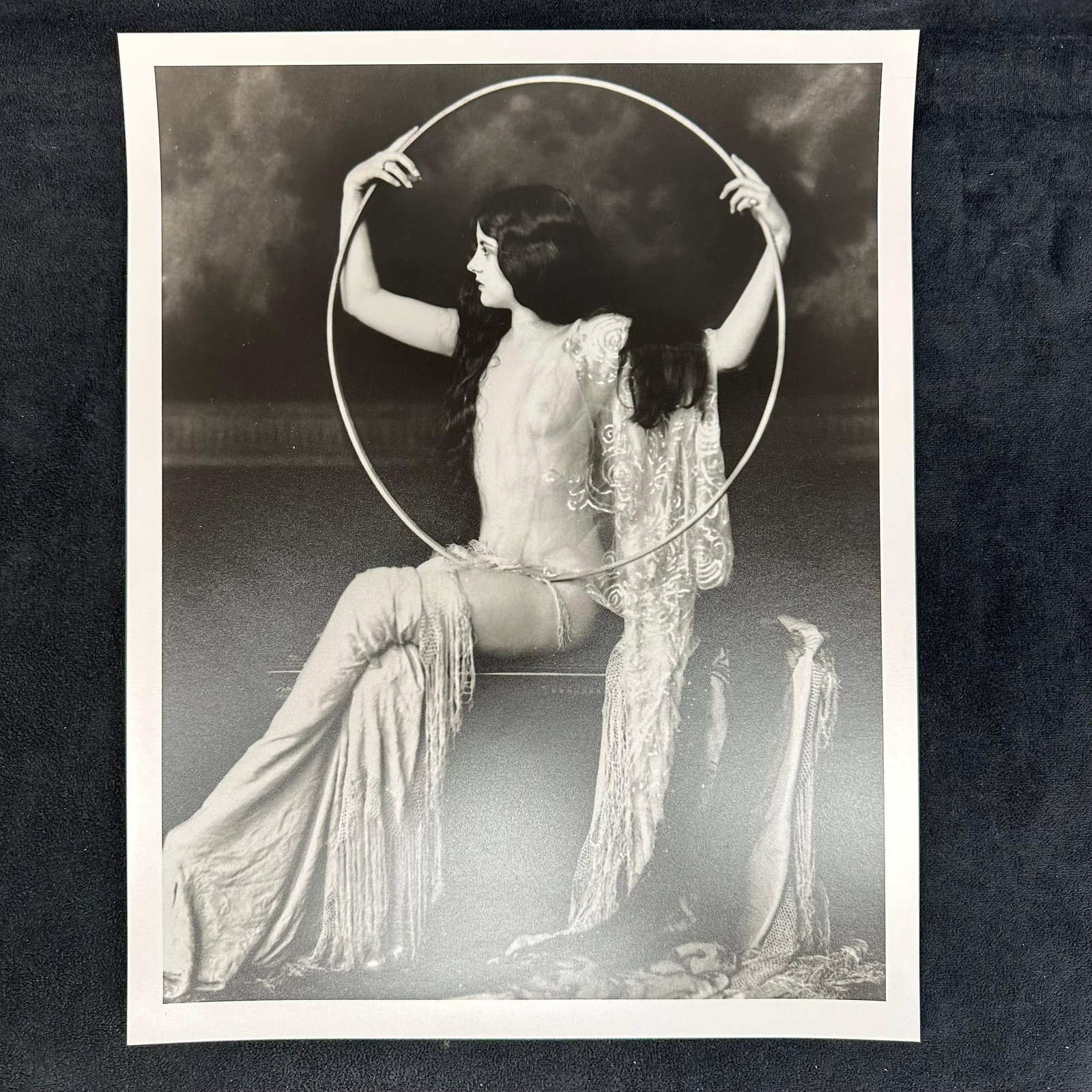Analog Black and White Photo Print Virginia Biddle Ziegfeld Follies Performer Nude Portrait #2: Black-and-white analog photo print of Virginia Biddle, a celebrated performer from the legendary Ziegfeld Follies. The image depicts Biddle in an artistic pose, framed within a circular prop, wearing