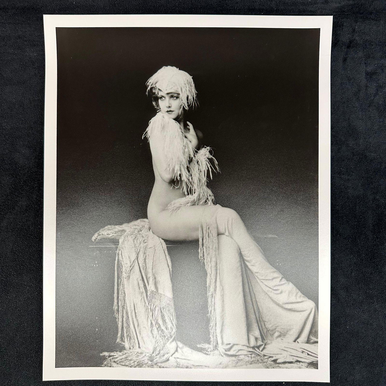 Black and White Ziegfeld Follies Analog Photograph Print Claudia Dell Nude Portrait #2: Original analog photographic print featuring Claudia Dell, a performer with the legendary Ziegfeld Follies. This glamorous nude portrait captures Dell in a classic 1920s pose, adorned with feather acc