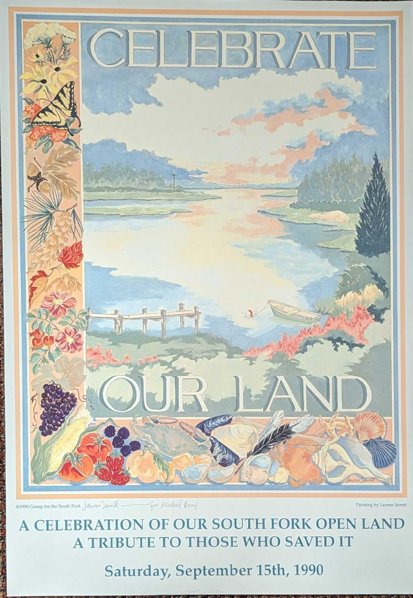 Signed Lauren Jarrett Celebrate Our Land Poster: Signed Lauren Jarrett Celebrate Our Land Poster. The poster is 18" x 25 3/4" and it weighs 0.10lb. The poster has light creases on the corners. The poster was signed and dedicated by the artist to a&n