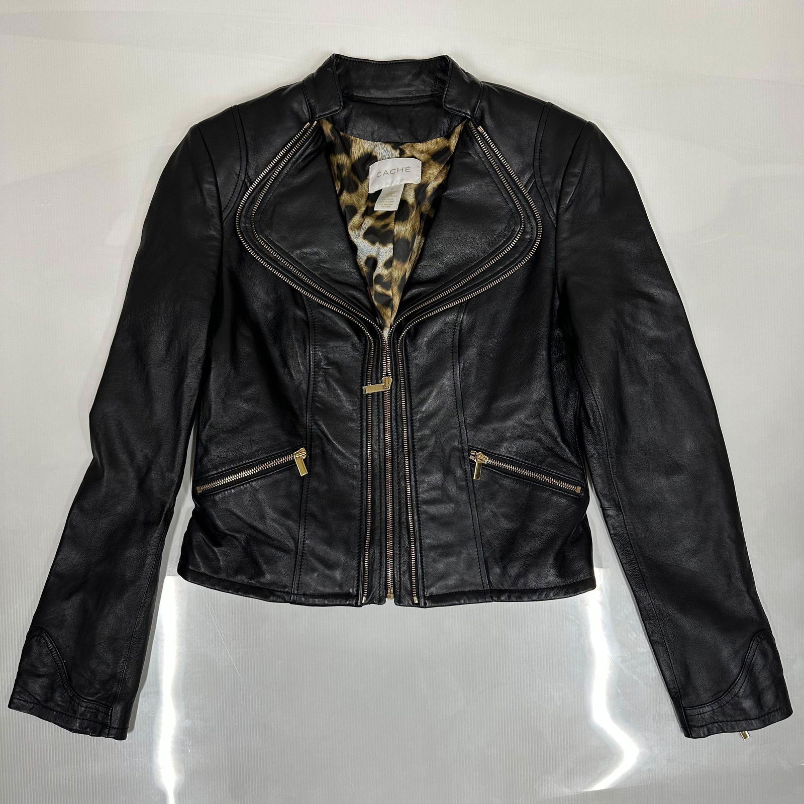 Cache Genuine Leather Moto Jacket with Leopard Print Lining Size M (1 of 9)
